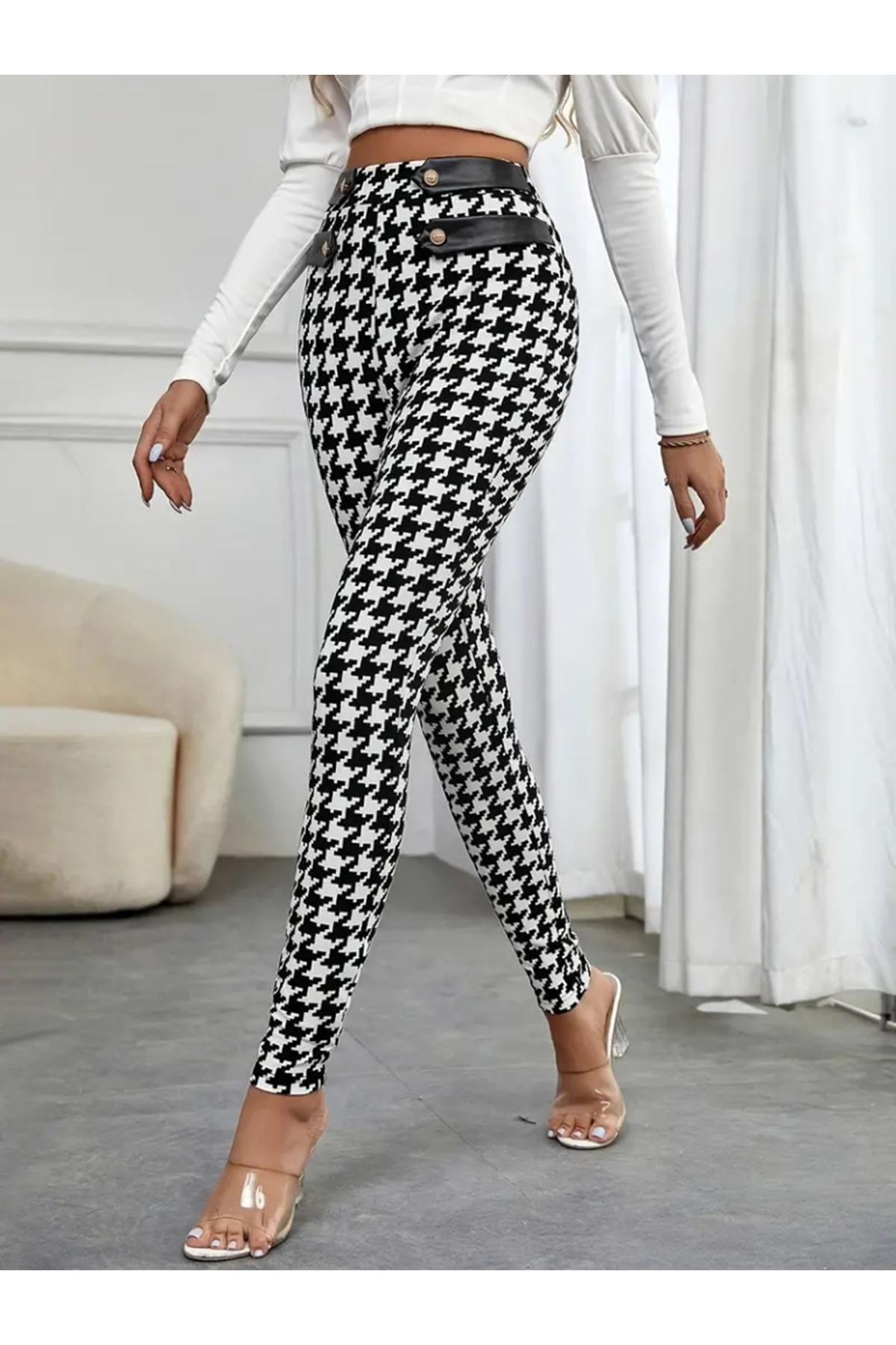 Kadın Yüksek Bel Kaz Ayağı Desenli Yan şerit Düğme Detaylı Dalgıç Pantolon