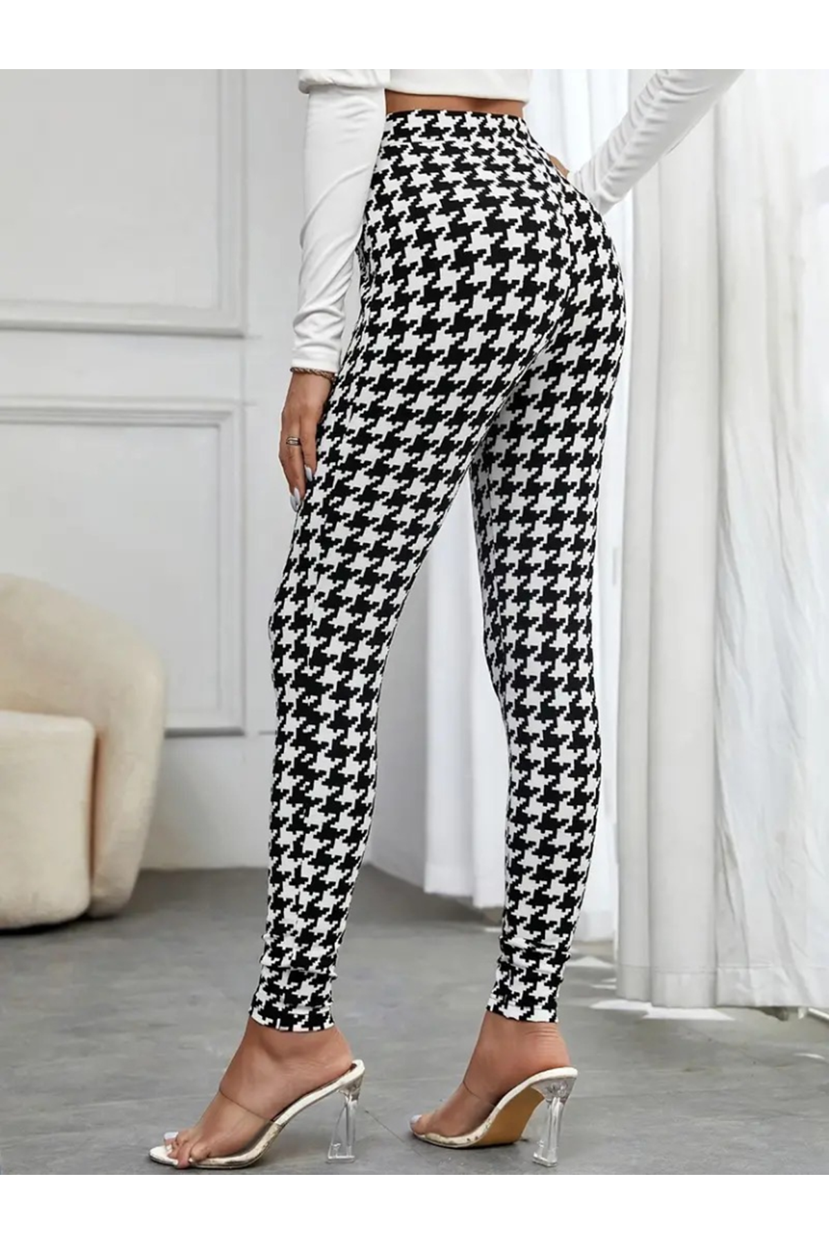 Kadın Yüksek Bel Kaz Ayağı Desenli Yan şerit Düğme Detaylı Dalgıç Pantolon