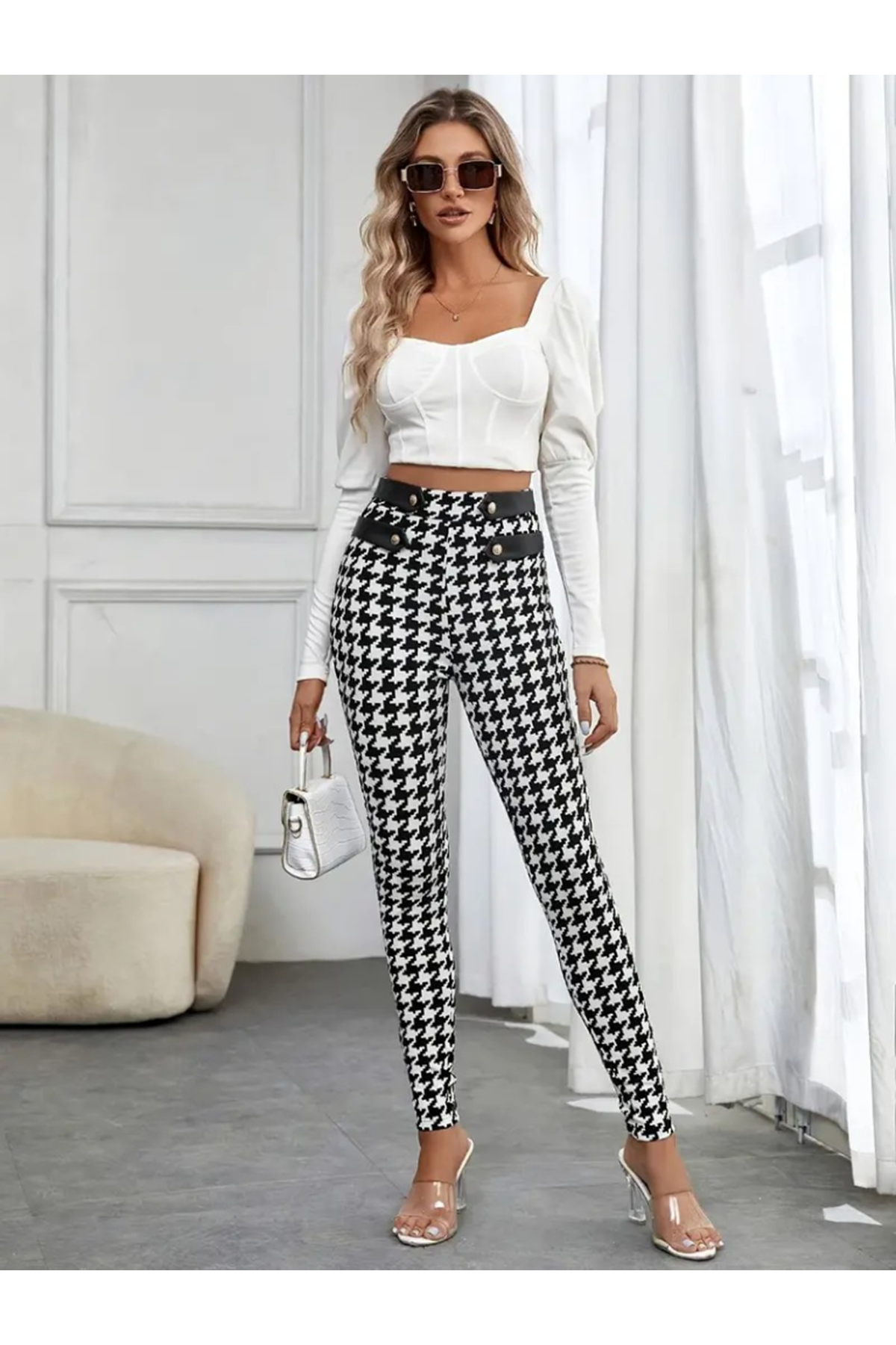 Kadın Yüksek Bel Kaz Ayağı Desenli Yan şerit Düğme Detaylı Dalgıç Pantolon