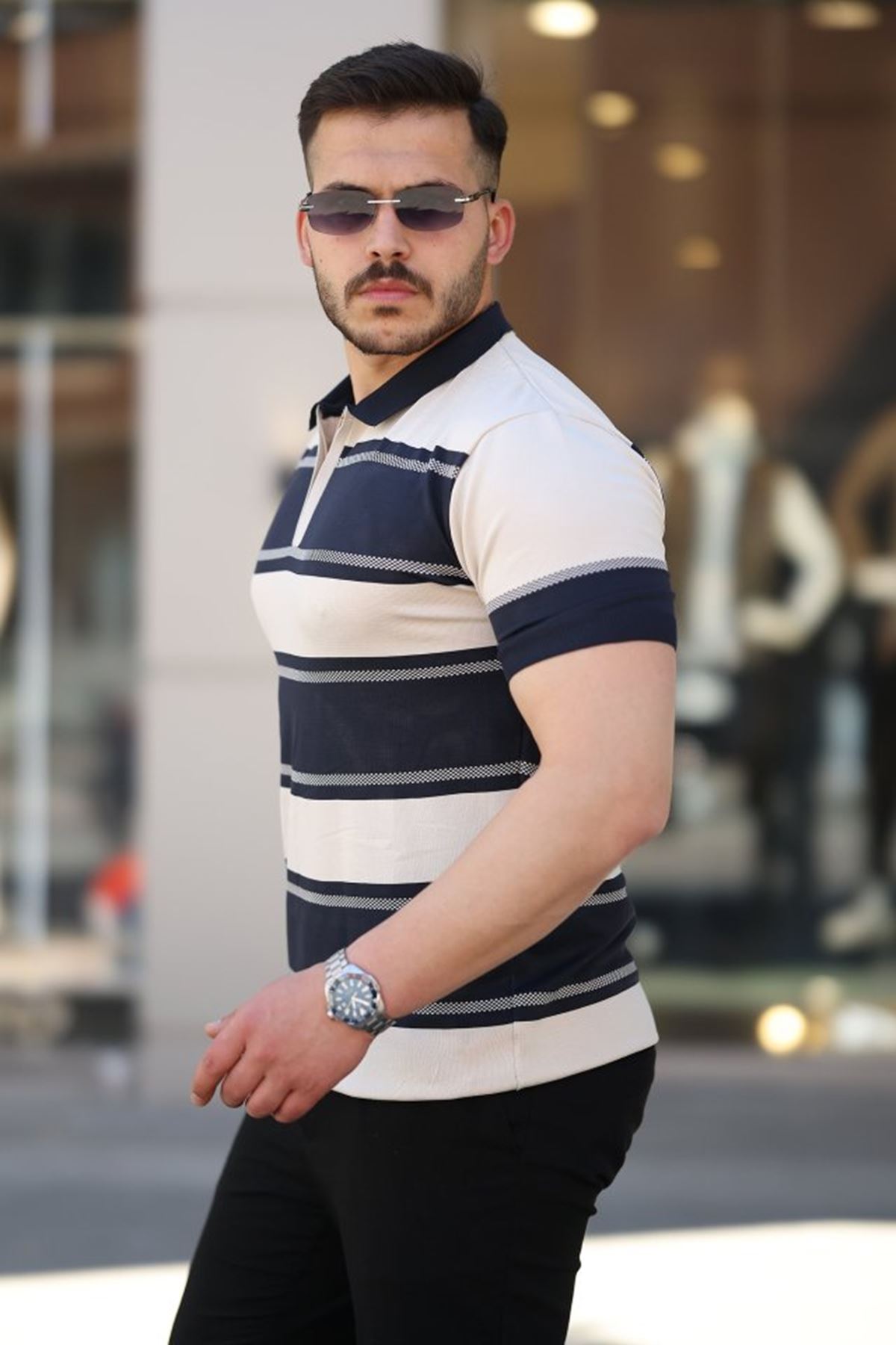 Erkek Yakalı Fermuarlı çift Renk Kısa Kollu T-shirt