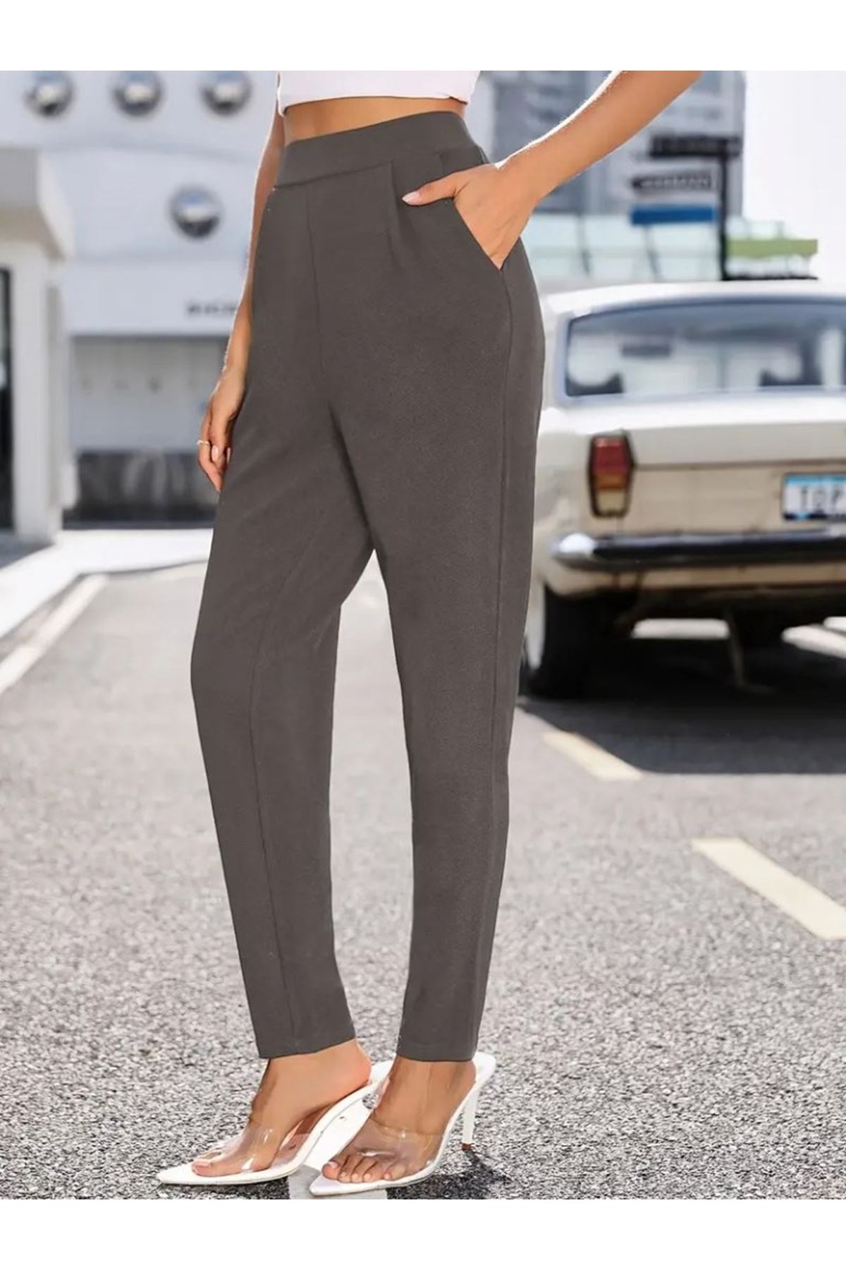 Kadın Yüksek Bel Cepli Rahat Kesim Ithal Krep Pantolon