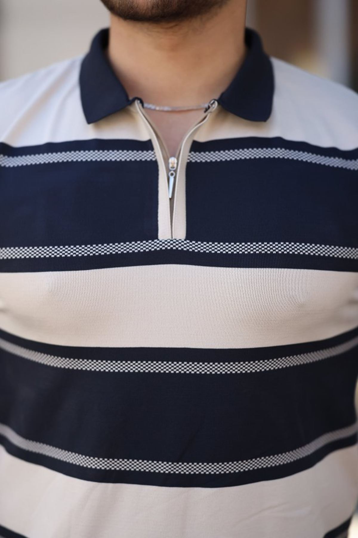 Erkek Yakalı Fermuarlı çift Renk Kısa Kollu T-shirt