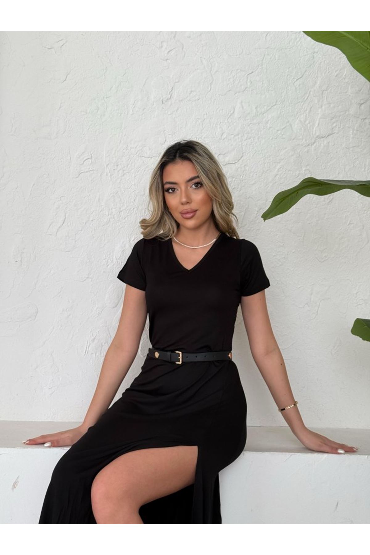 Kadın Kısa Kollu V Yaka Maxi Boy Elbise 124 Cm