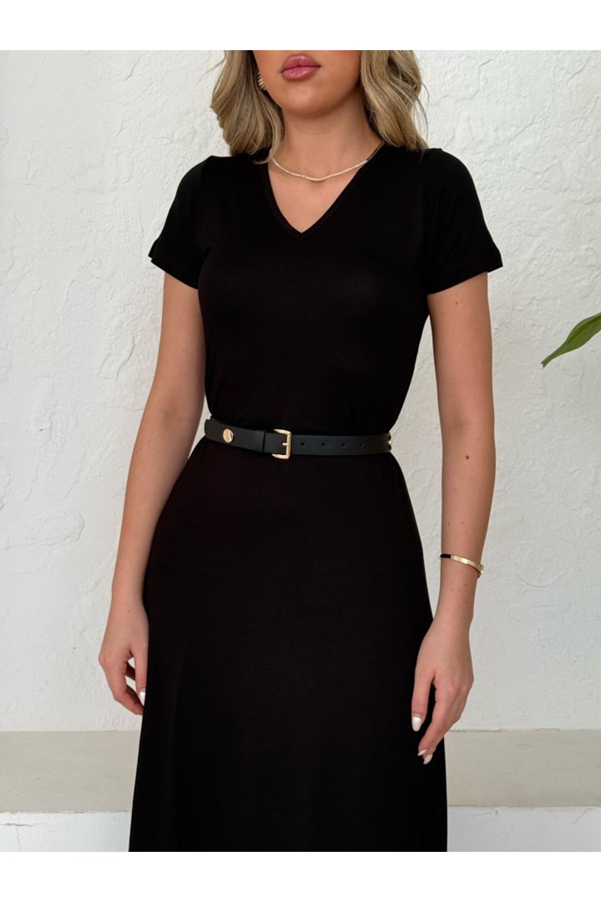 Kadın Kısa Kollu V Yaka Maxi Boy Elbise 124 Cm