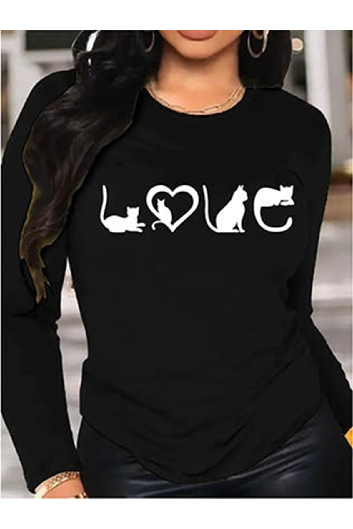 Kadın Uzun Kollu Bisiklet Yaka Baskılı Viskon Bluz