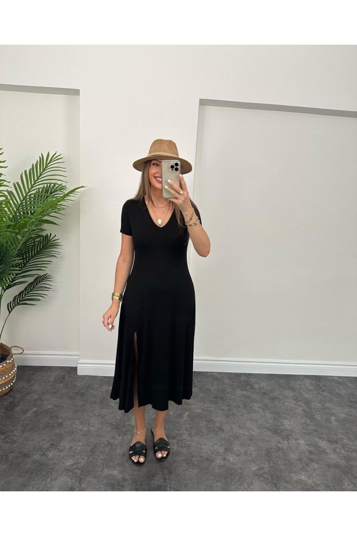 Kadın Kısa Kollu V Yaka Maxi Boy Elbise 124 Cm