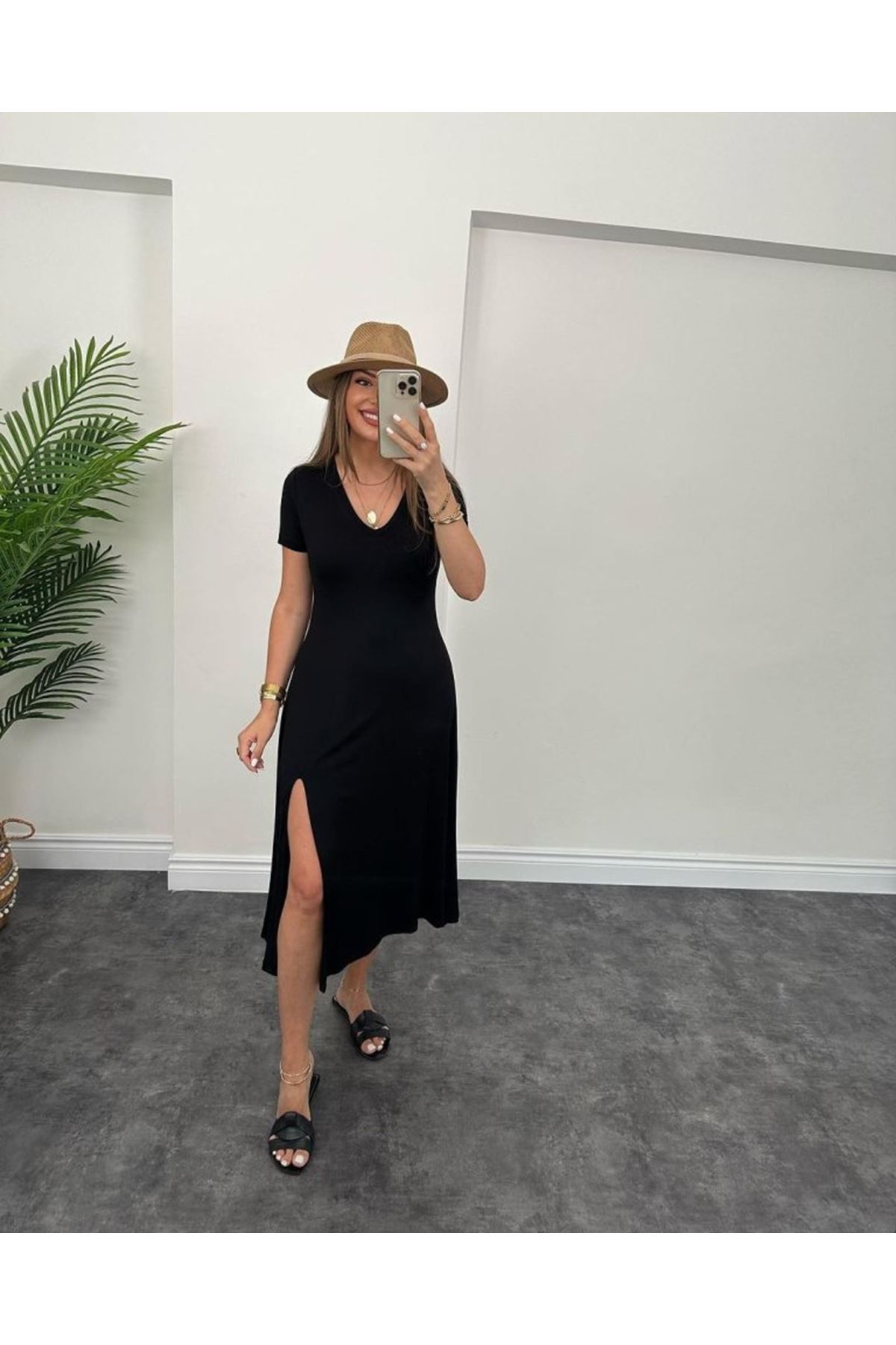 Kadın Kısa Kollu V Yaka Maxi Boy Elbise 124 Cm