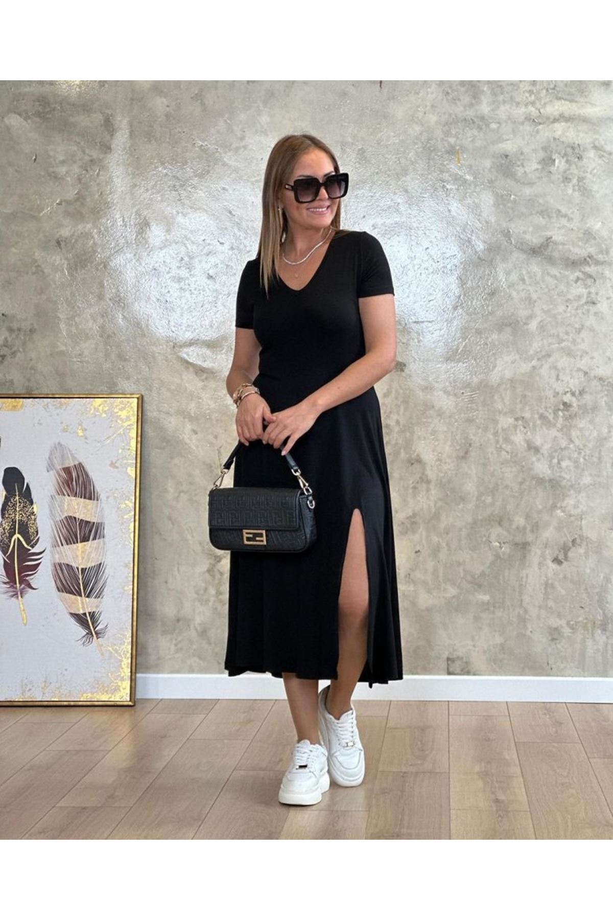 Kadın Kısa Kollu V Yaka Maxi Boy Elbise 124 Cm