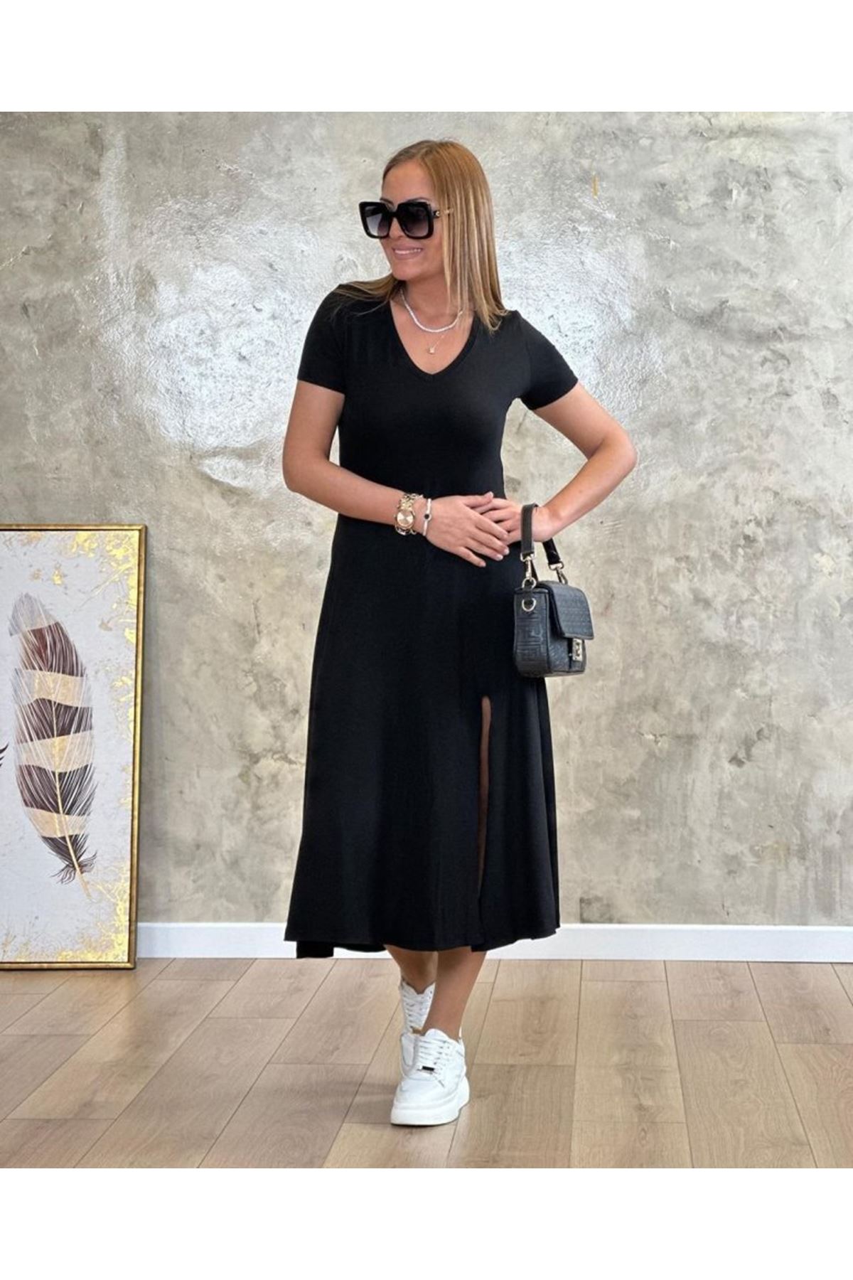 Kadın Kısa Kollu V Yaka Maxi Boy Elbise 124 Cm