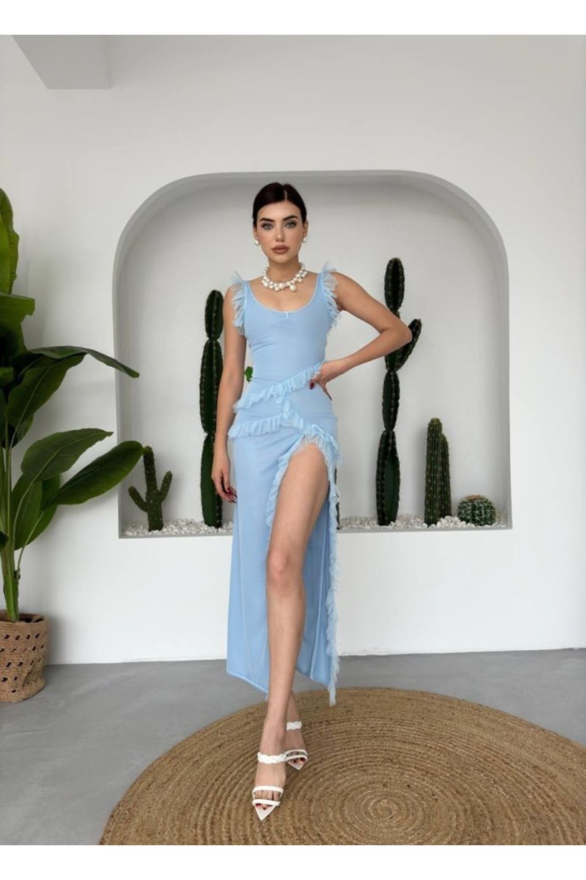 Felix Yırtmaçlı Midi Tül Elbise