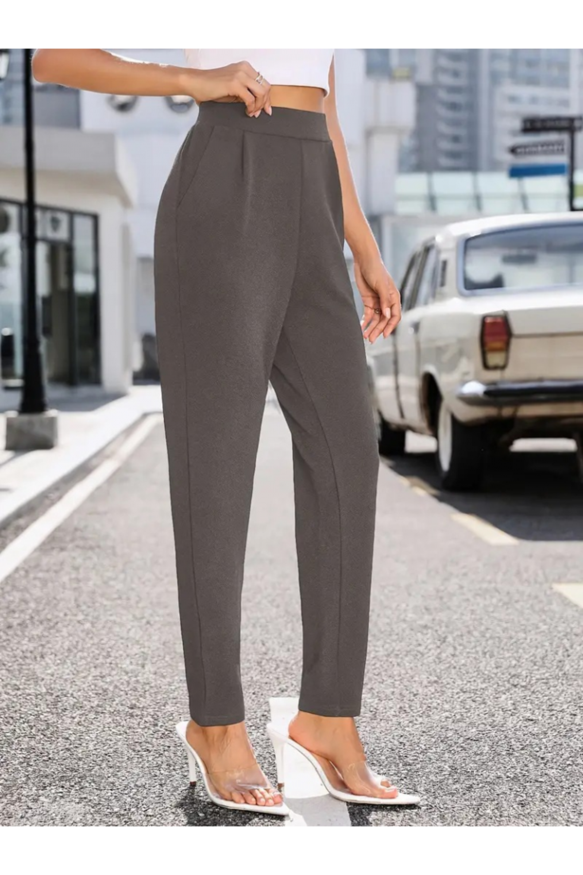 Kadın Yüksek Bel Cepli Rahat Kesim Ithal Krep Pantolon