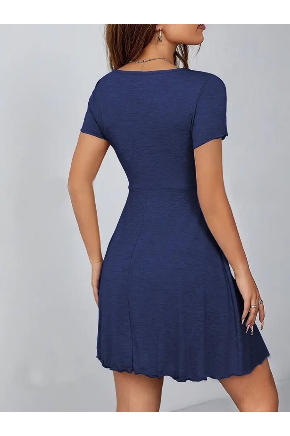 Kadın Kısa Kollu Derin Büzgülü V Yakalı Viskon Elbise
