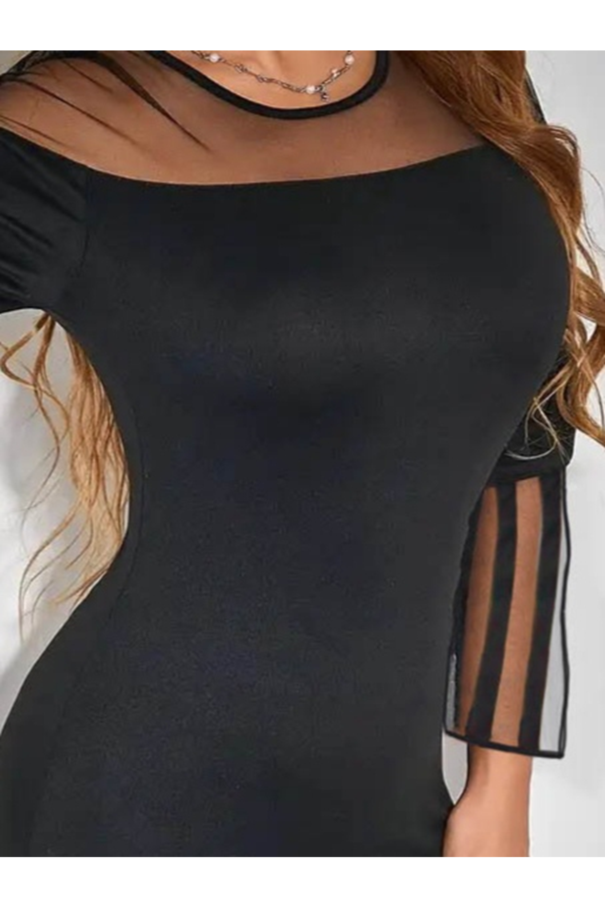 Kadın Uzun şeffaf şerit Kollu Madonna Yaka Vücudu Saran Dalgıç Kısa Elbise