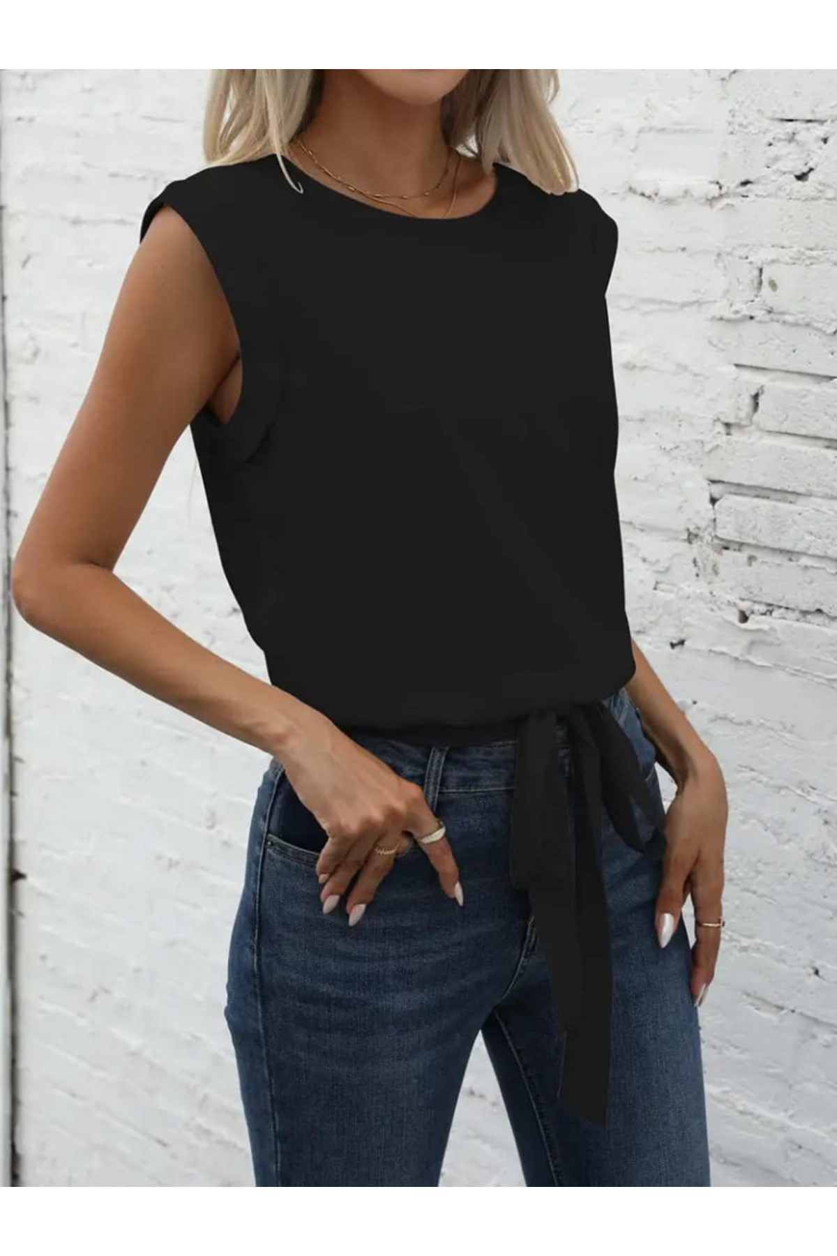 Kadın Kısa Kollu Etek Ucu Bağlama Detay Kolsuz Ithal Krep Bluz