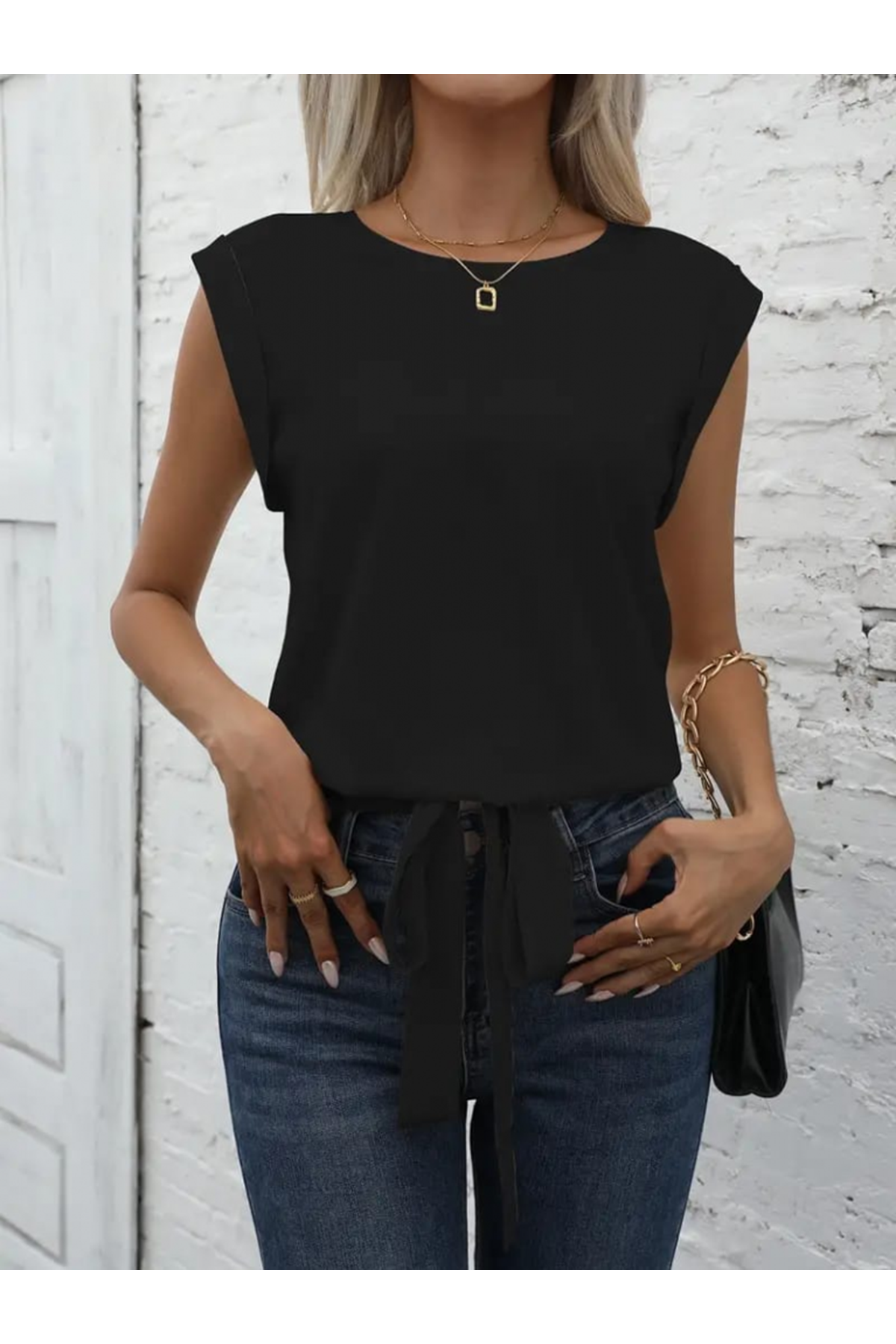 Kadın Kısa Kollu Etek Ucu Bağlama Detay Kolsuz Ithal Krep Bluz