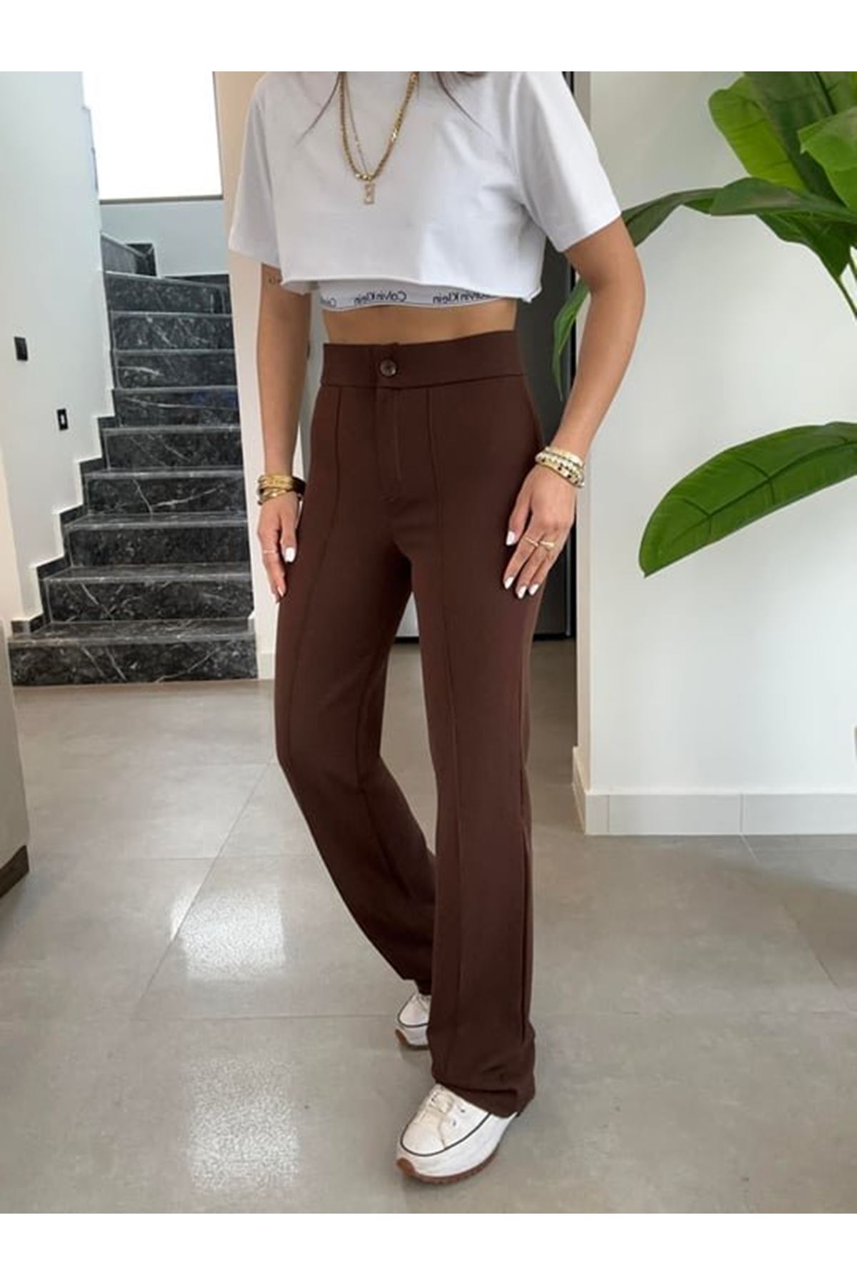 Kadın Yüksek Bel Full Likralı Krep Kumaş Pantolon