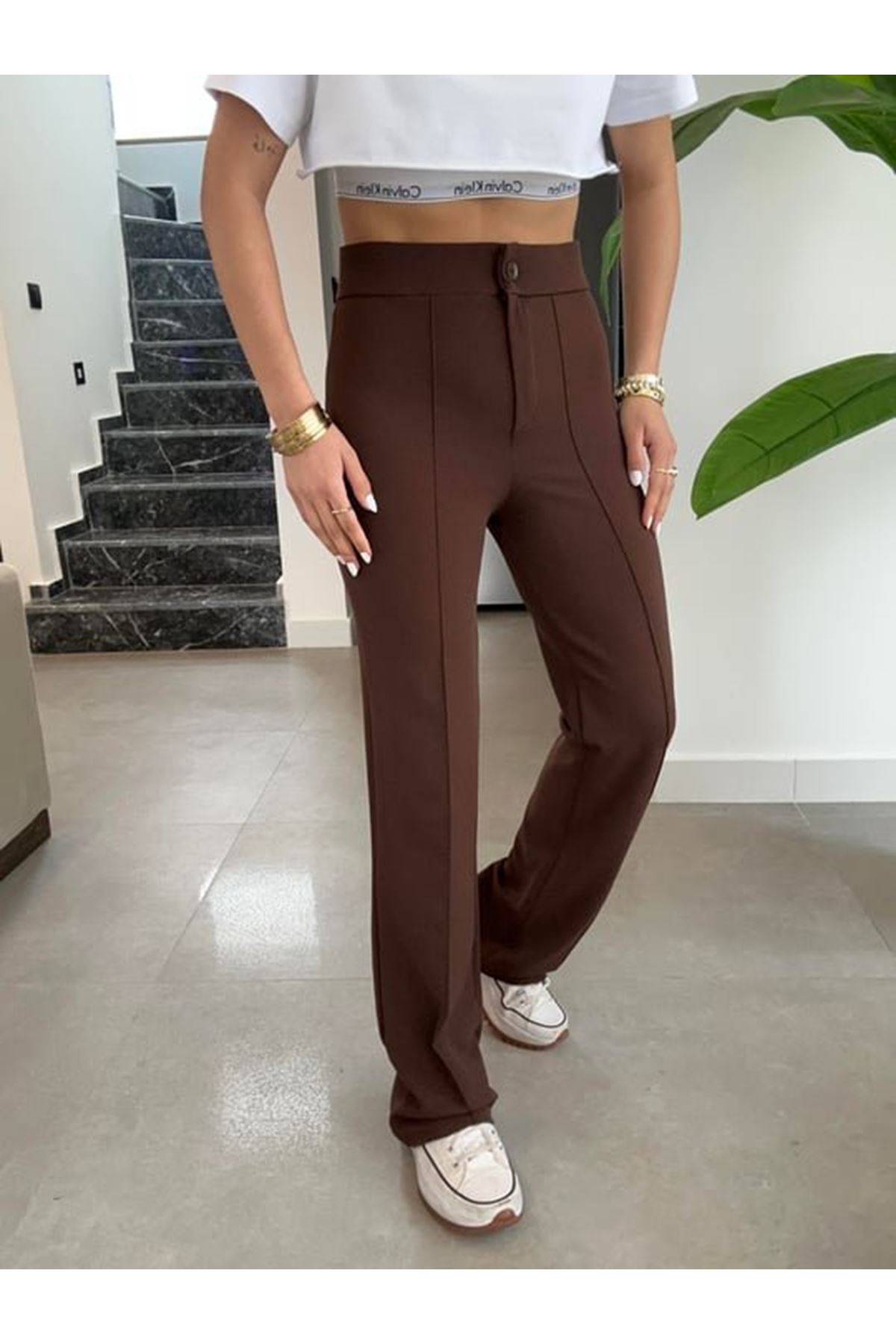 Kadın Yüksek Bel Full Likralı Krep Kumaş Pantolon