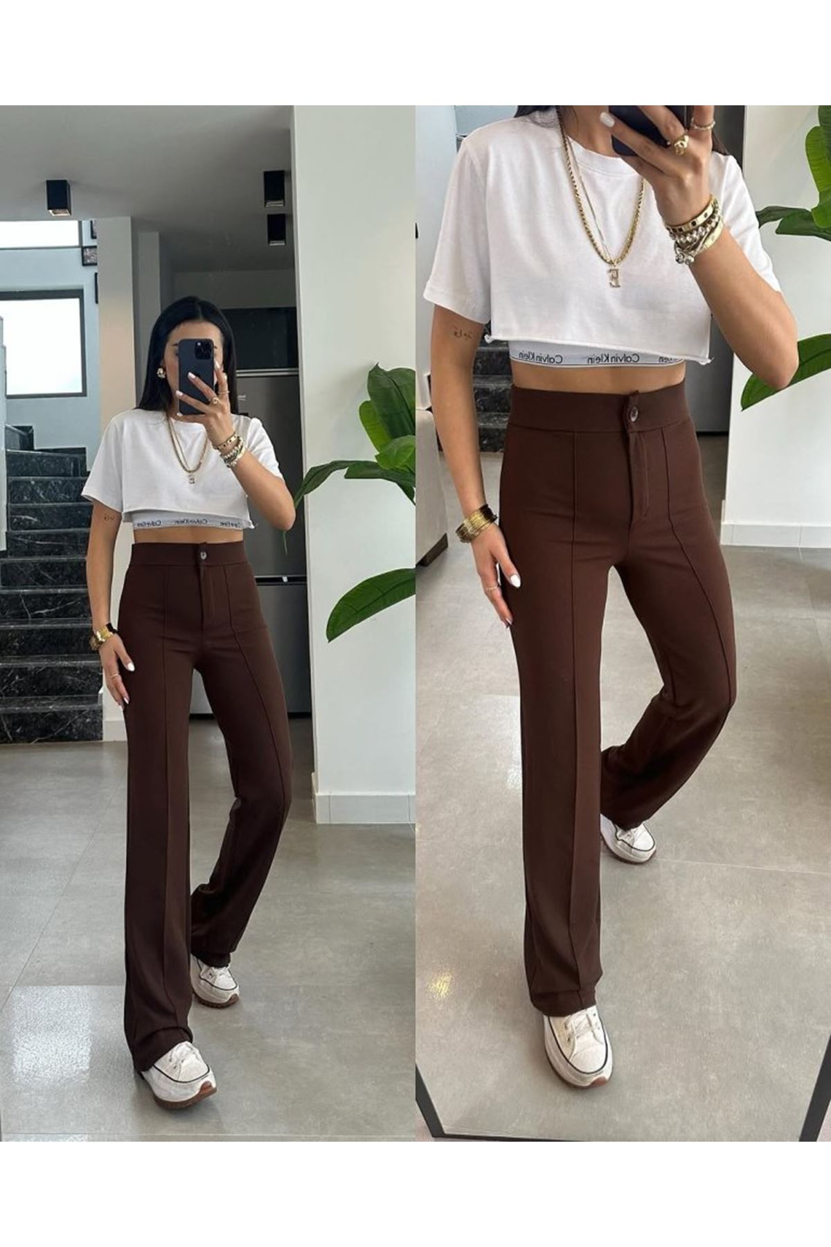 Kadın Yüksek Bel Full Likralı Krep Kumaş Pantolon