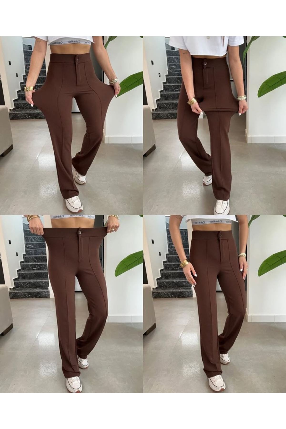 Kadın Yüksek Bel Full Likralı Krep Kumaş Pantolon