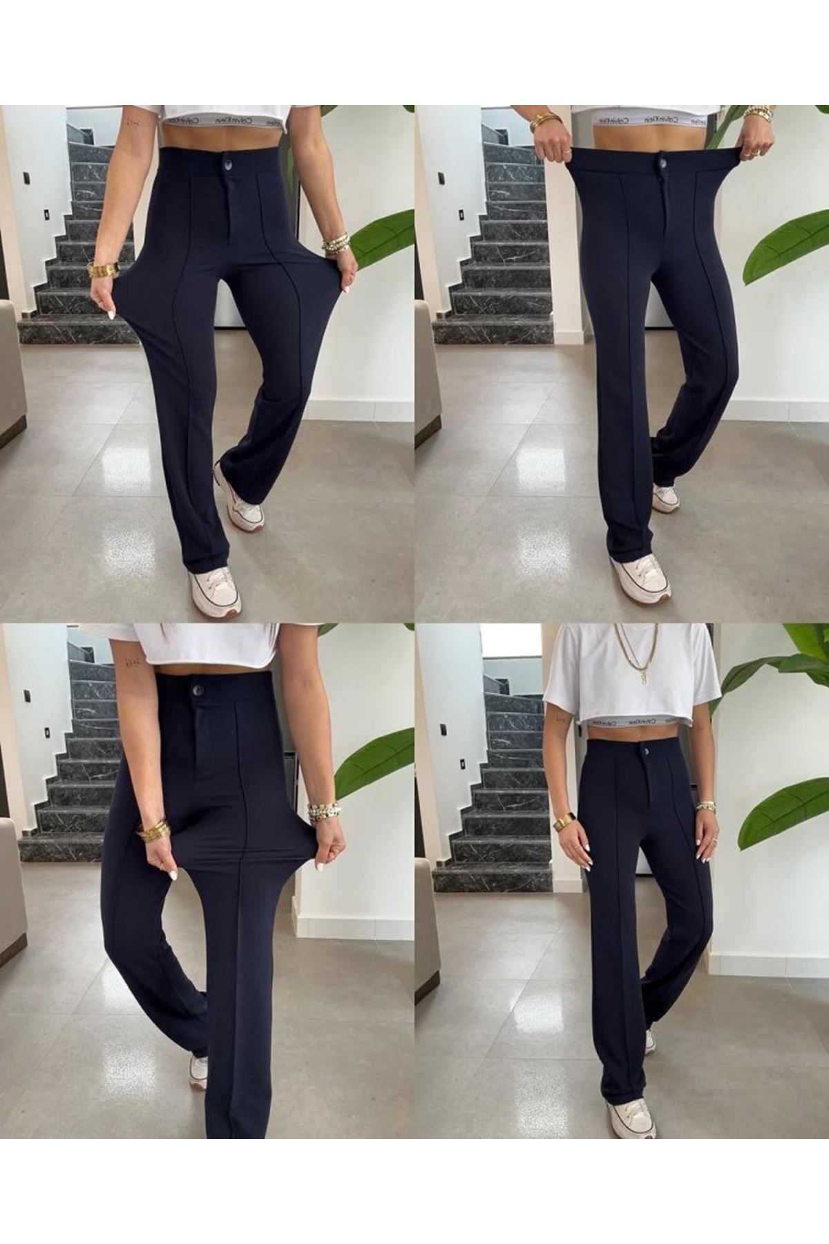 Kadın Yüksek Bel Full Likralı Krep Kumaş Pantolon