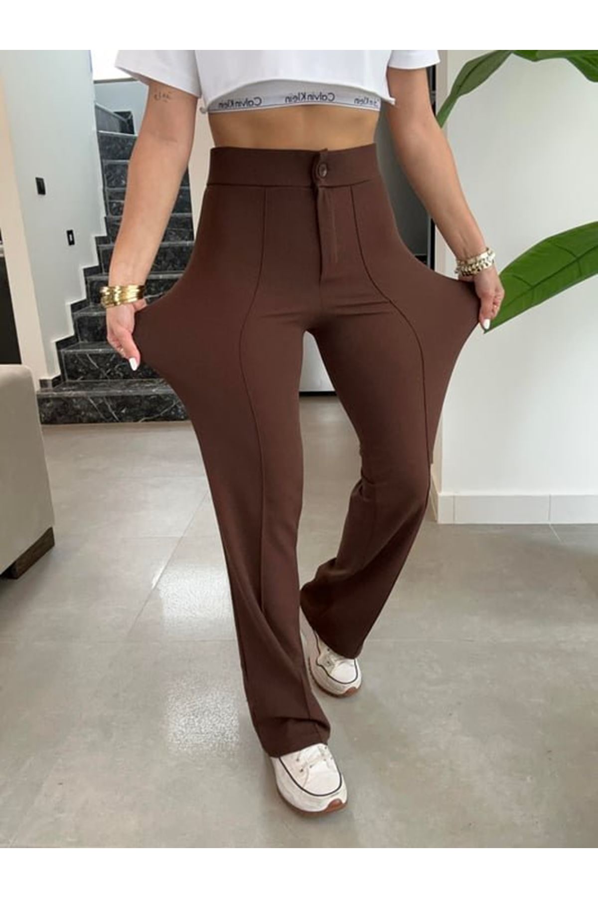 Kadın Yüksek Bel Full Likralı Krep Kumaş Pantolon