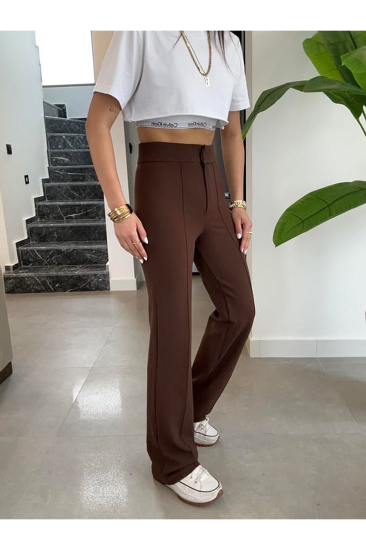 Kadın Yüksek Bel Full Likralı Krep Kumaş Pantolon