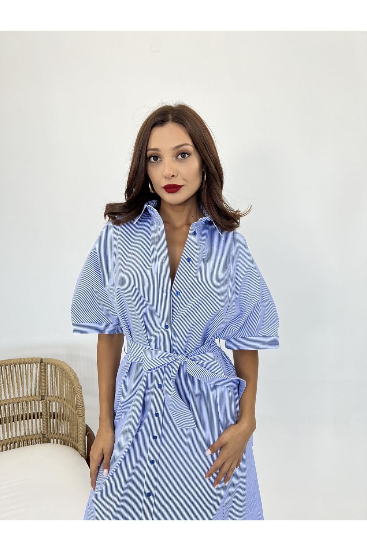 5318 ELBİSE-MAVİ BEYAZ ÇİZGİLİ