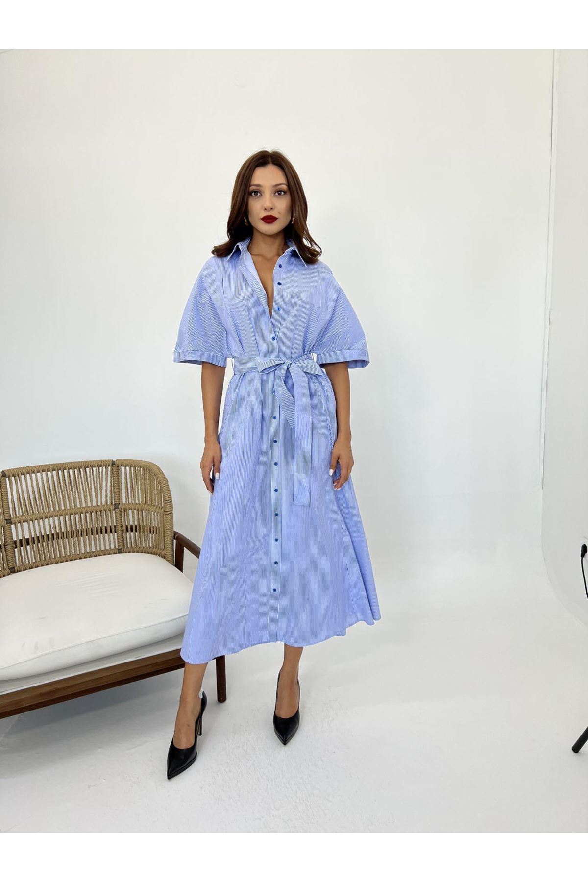 5318 ELBİSE-MAVİ BEYAZ ÇİZGİLİ