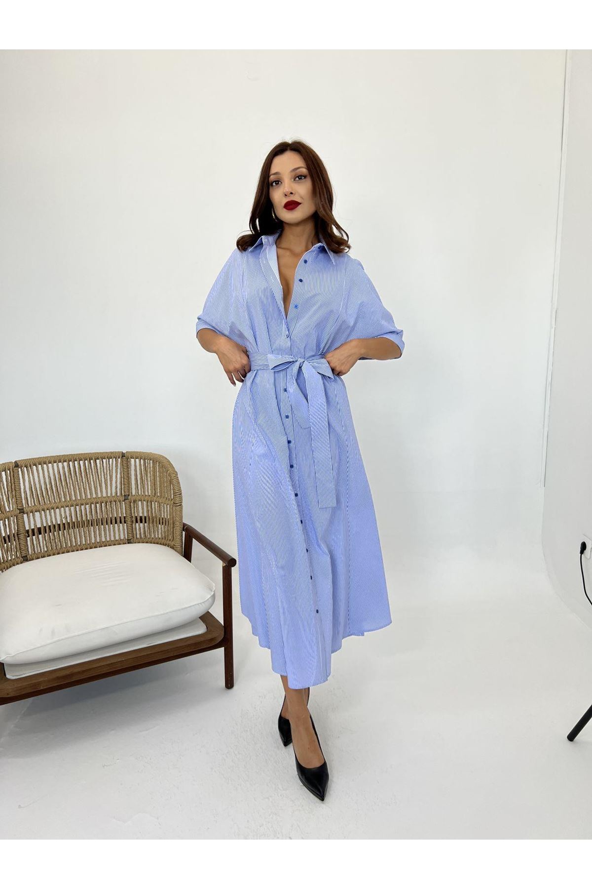 5318 ELBİSE-MAVİ BEYAZ ÇİZGİLİ