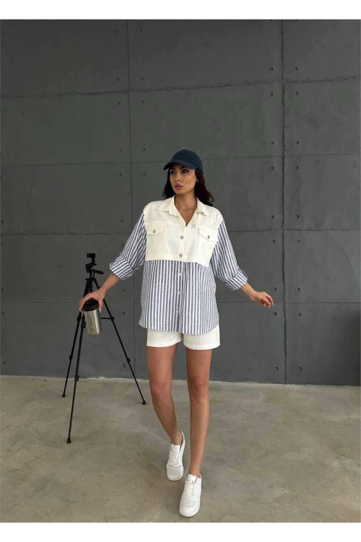 GABARDİN ŞORT - GABARDİN - ÇİZGİLİ KETEN GARNİLİ CEKET TAKIM - Lacivert