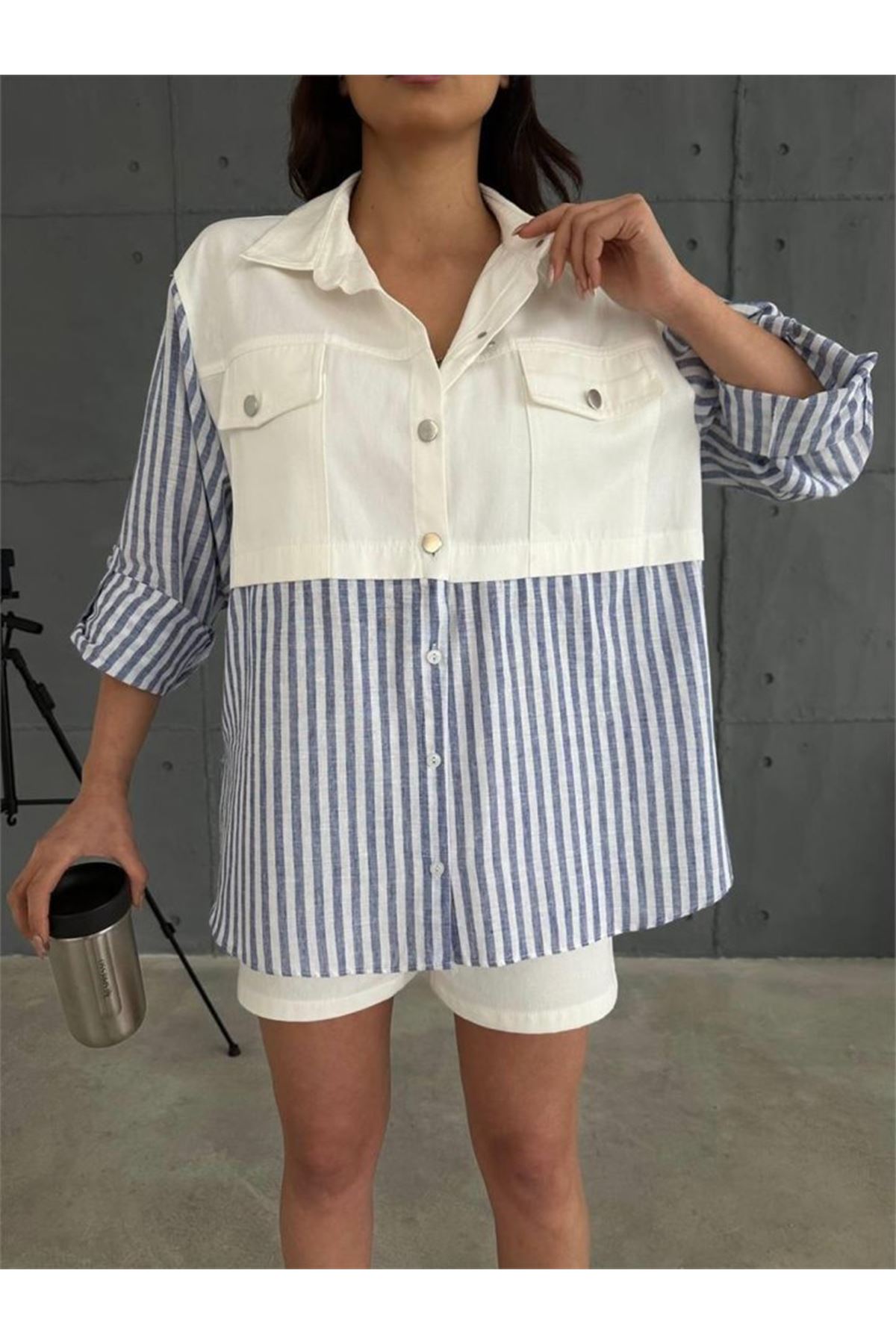 GABARDİN ŞORT - GABARDİN - ÇİZGİLİ KETEN GARNİLİ CEKET TAKIM - Lacivert