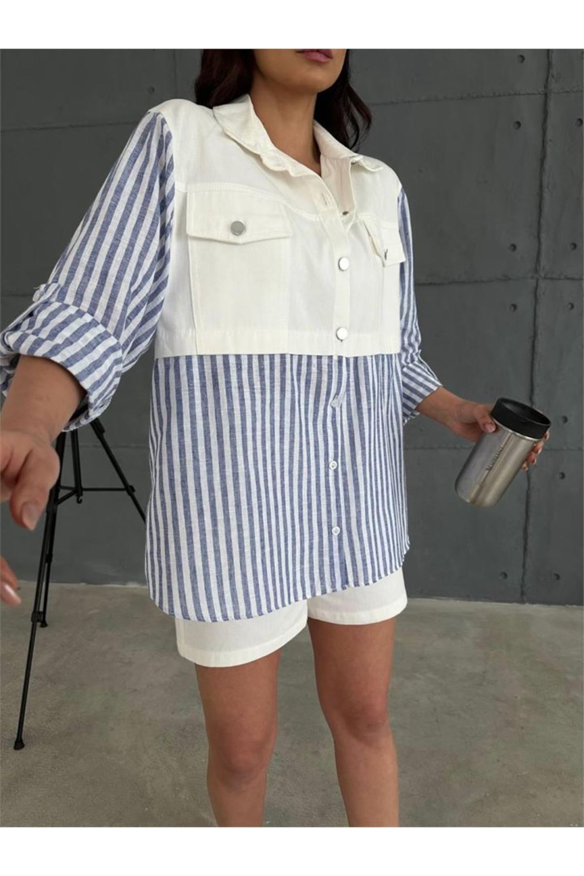 GABARDİN ŞORT - GABARDİN - ÇİZGİLİ KETEN GARNİLİ CEKET TAKIM - Lacivert