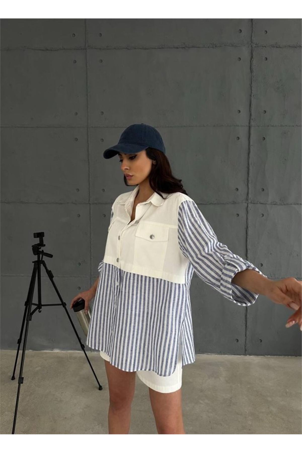 GABARDİN ŞORT - GABARDİN - ÇİZGİLİ KETEN GARNİLİ CEKET TAKIM - Lacivert