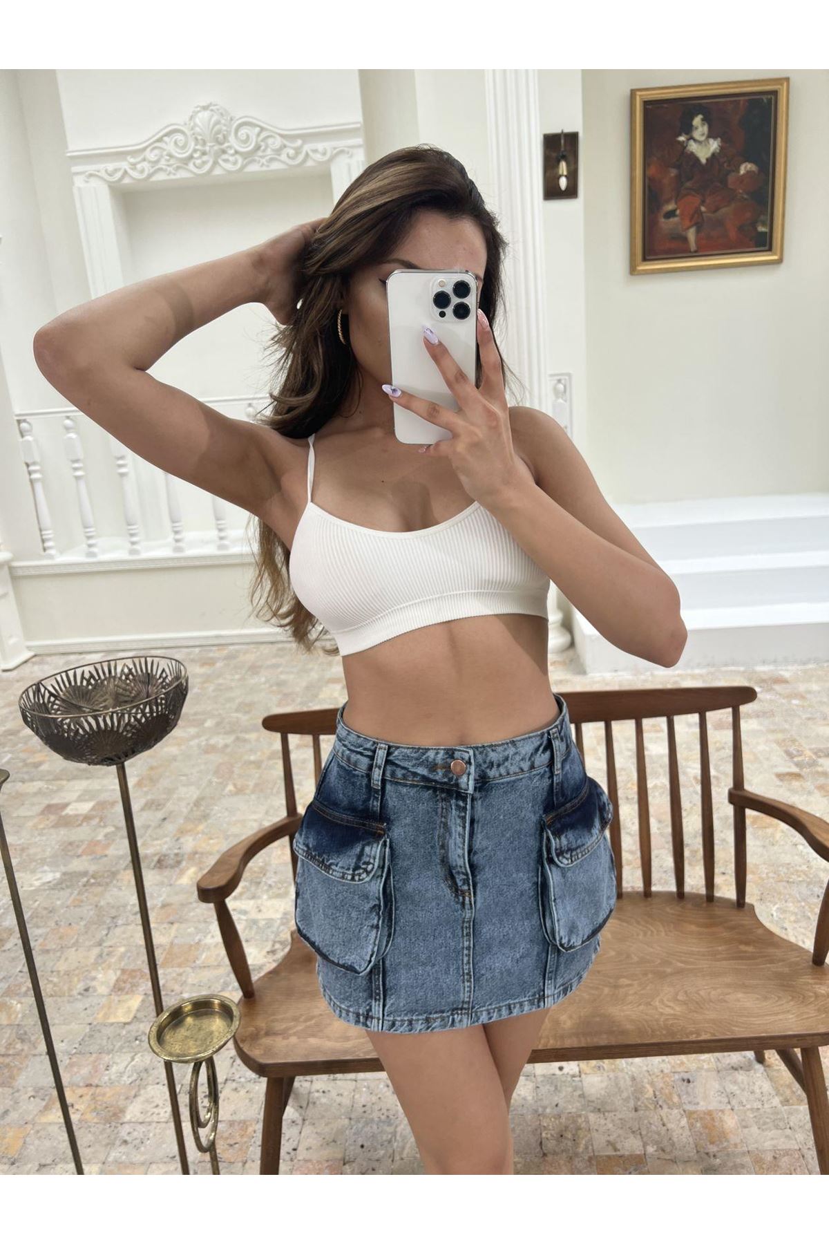 6458 DENİM LOW WAIST SKIRT-MAVİ