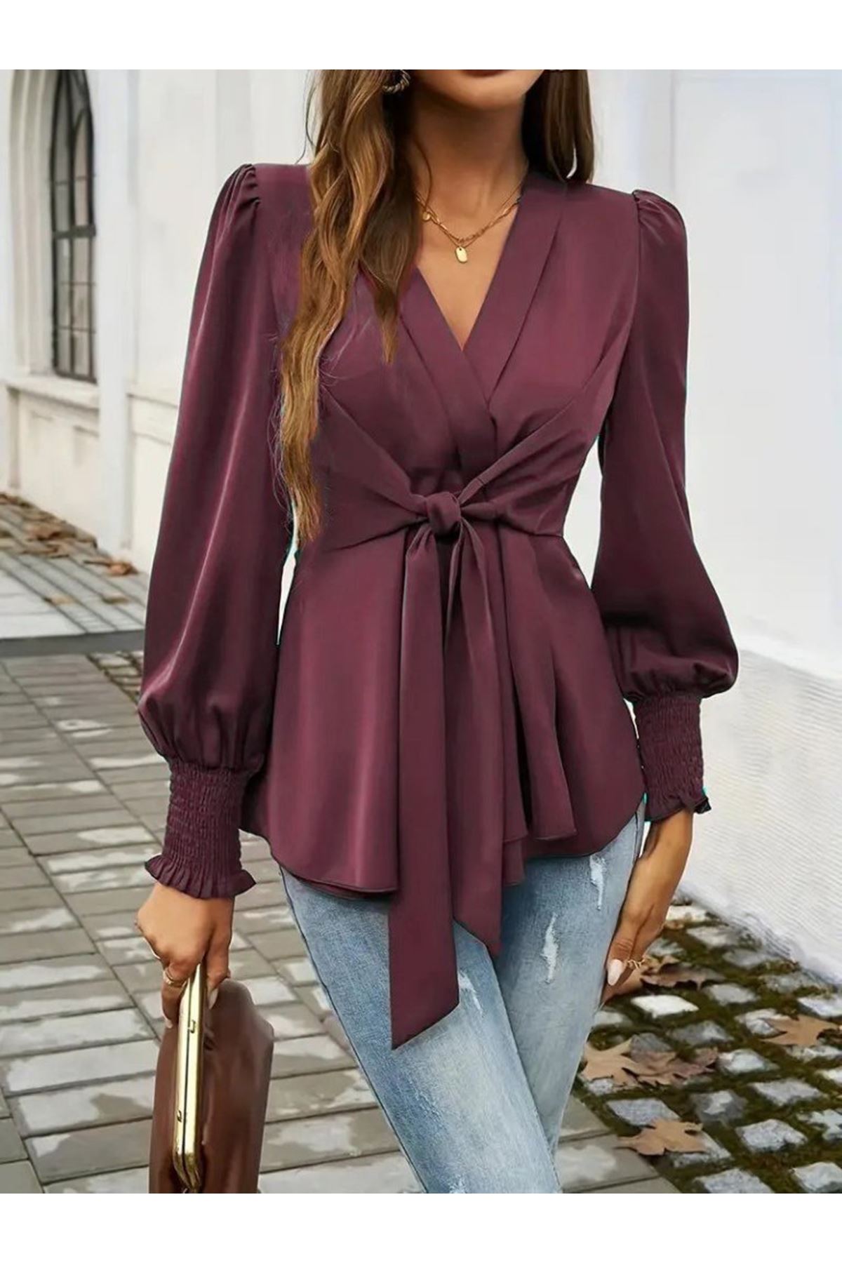 Kadın Uzun Kollu Kruvaze Yakalı önden Bağlamalı Ithal Krep Bluz