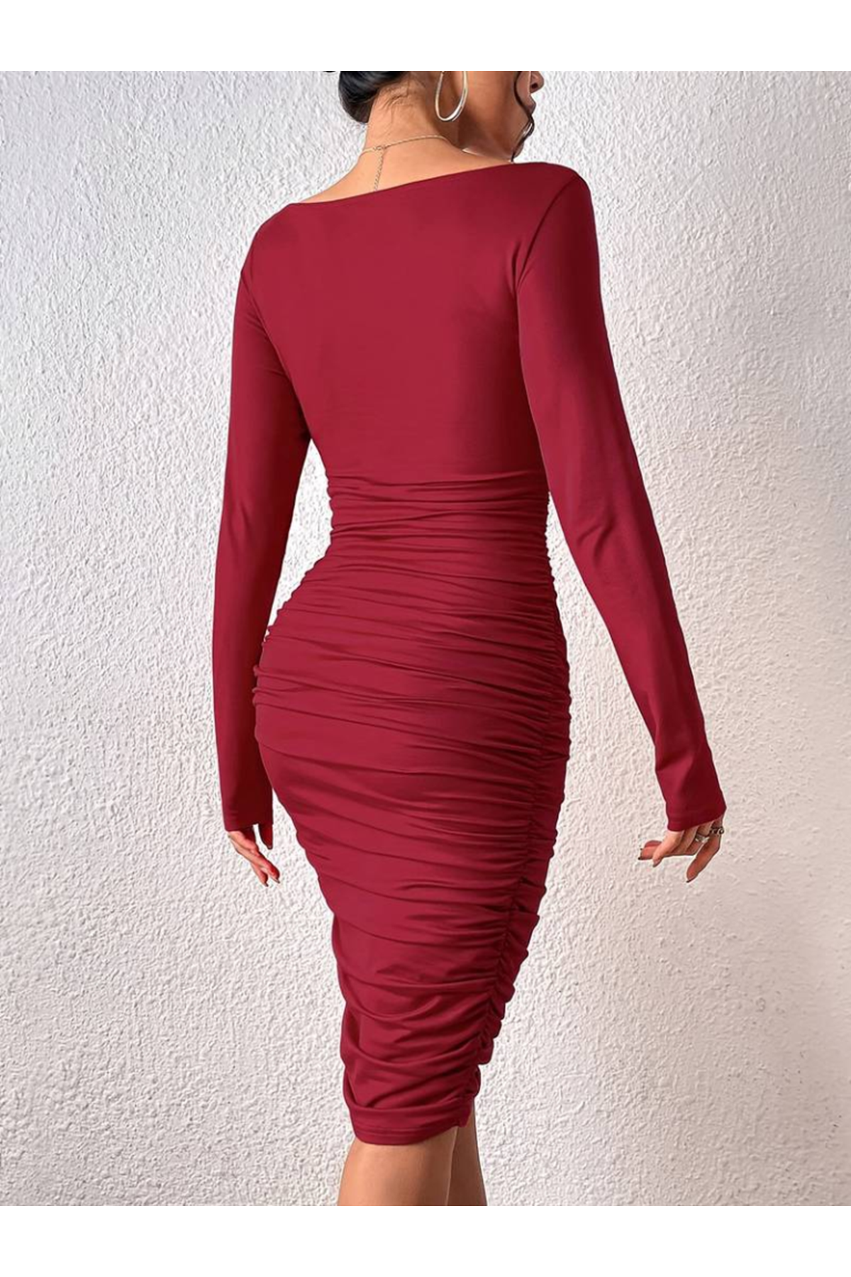 Kadın Uzun Kollu Derin Kruvaze Yakalı Büzgülü Sandy Midi Elbise