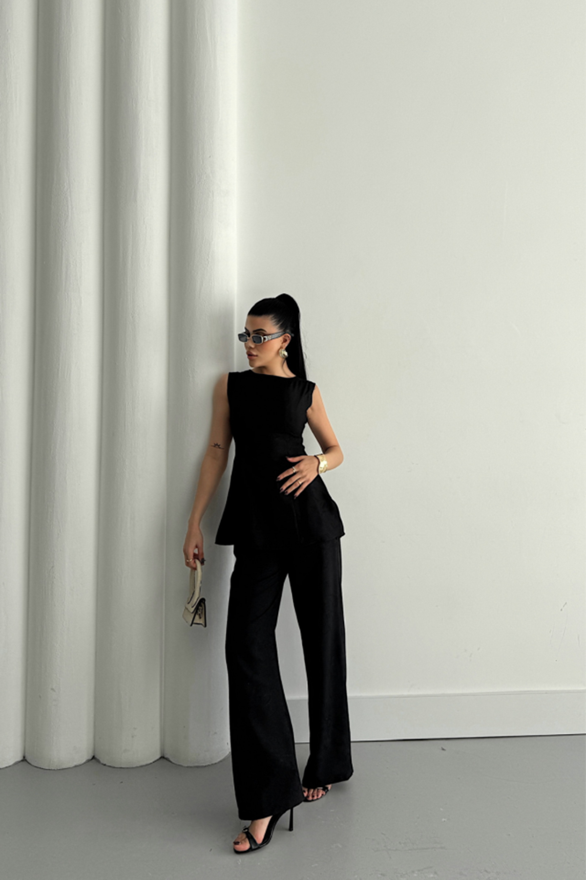 JAKAR KETEN KOLSUZ BLUZ-PANTOLON TK - Siyah