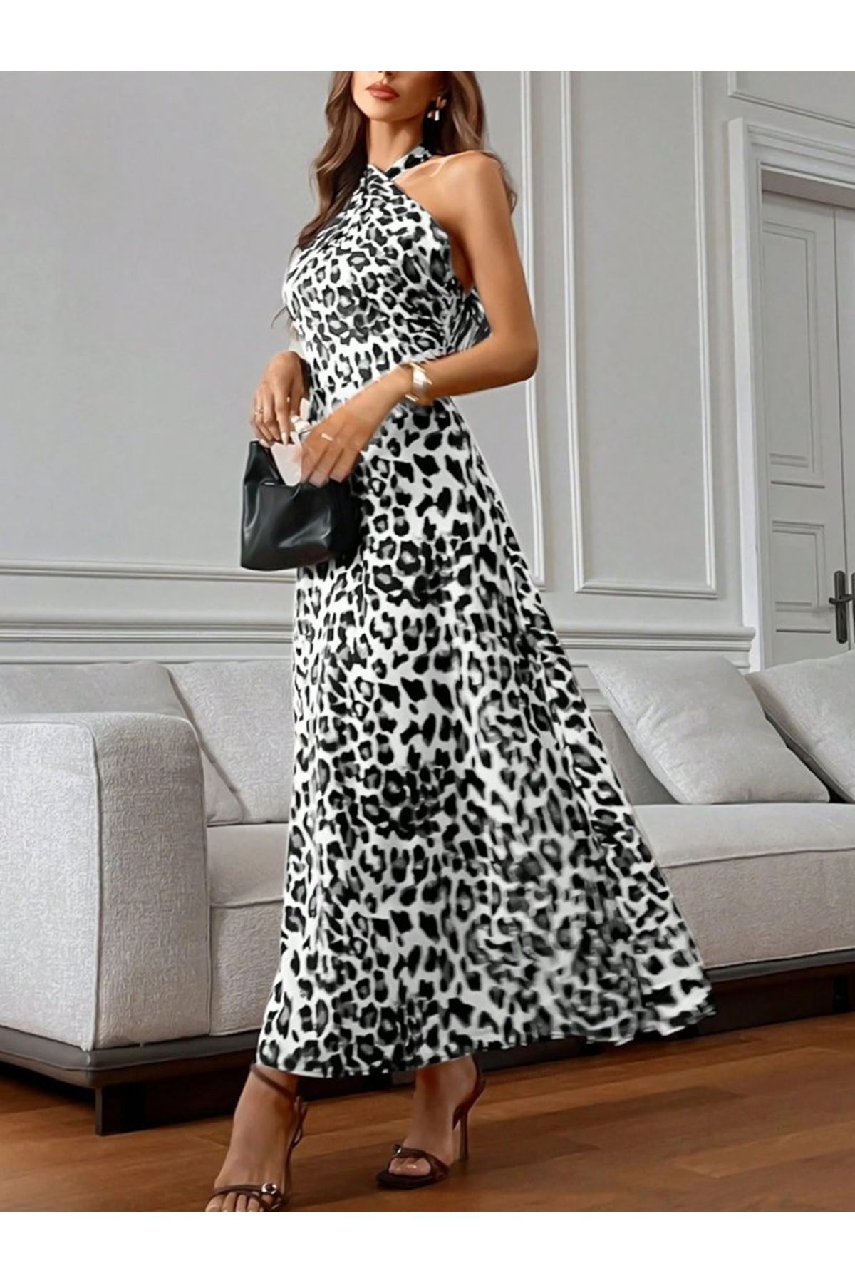 Kadın Omuzlardan Açık Boyundan çapraz Bağlama Detaylı Süprem Elbise