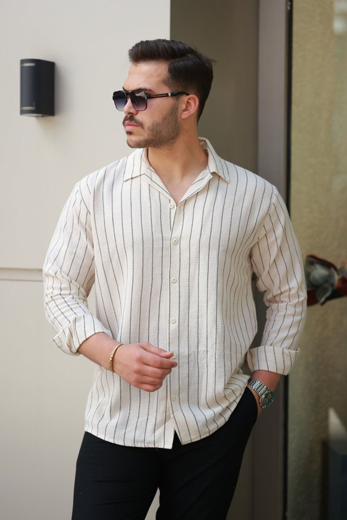 Erkek çizgili Keten Gömlek