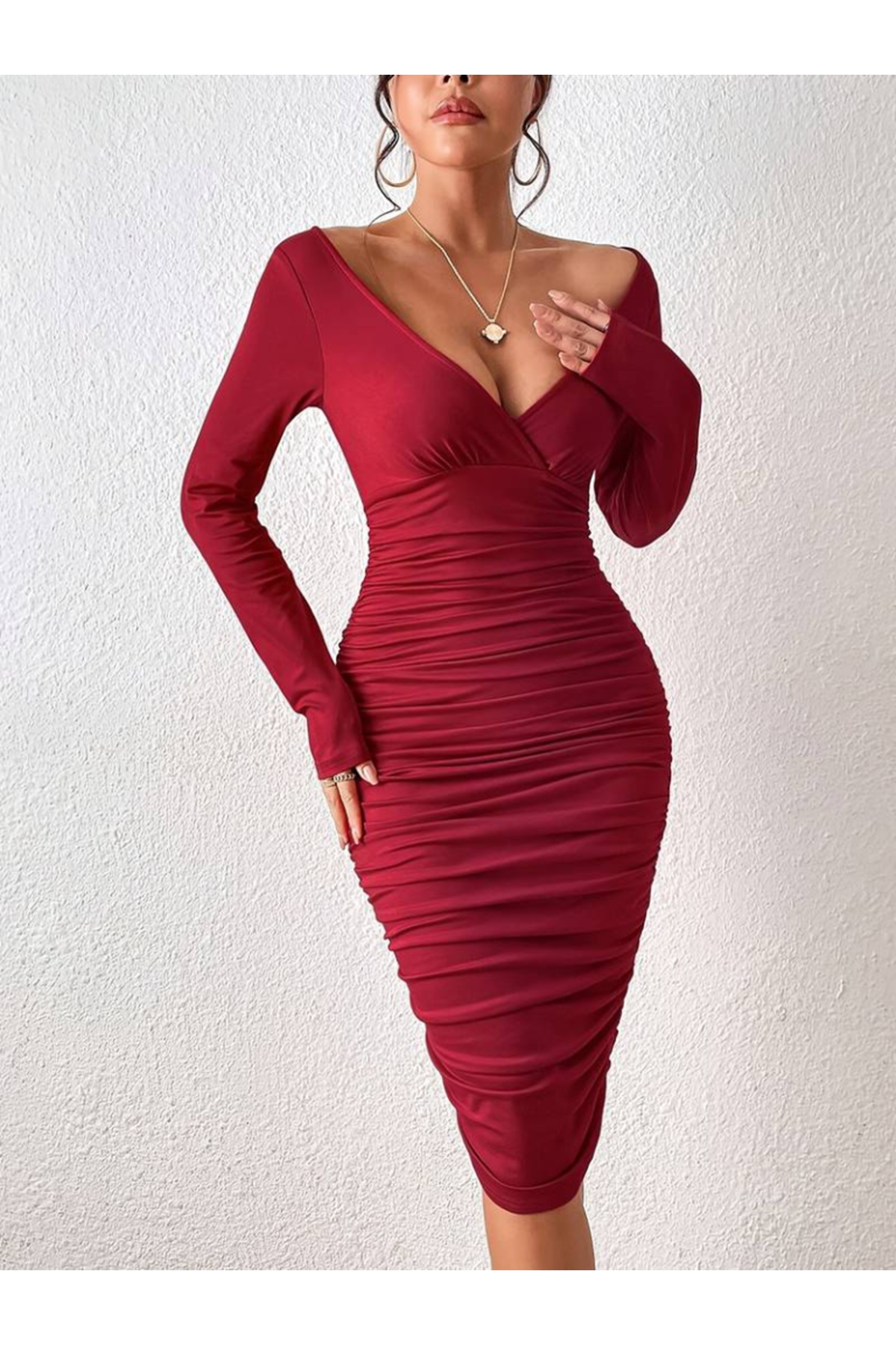 Kadın Uzun Kollu Derin Kruvaze Yakalı Büzgülü Sandy Midi Elbise