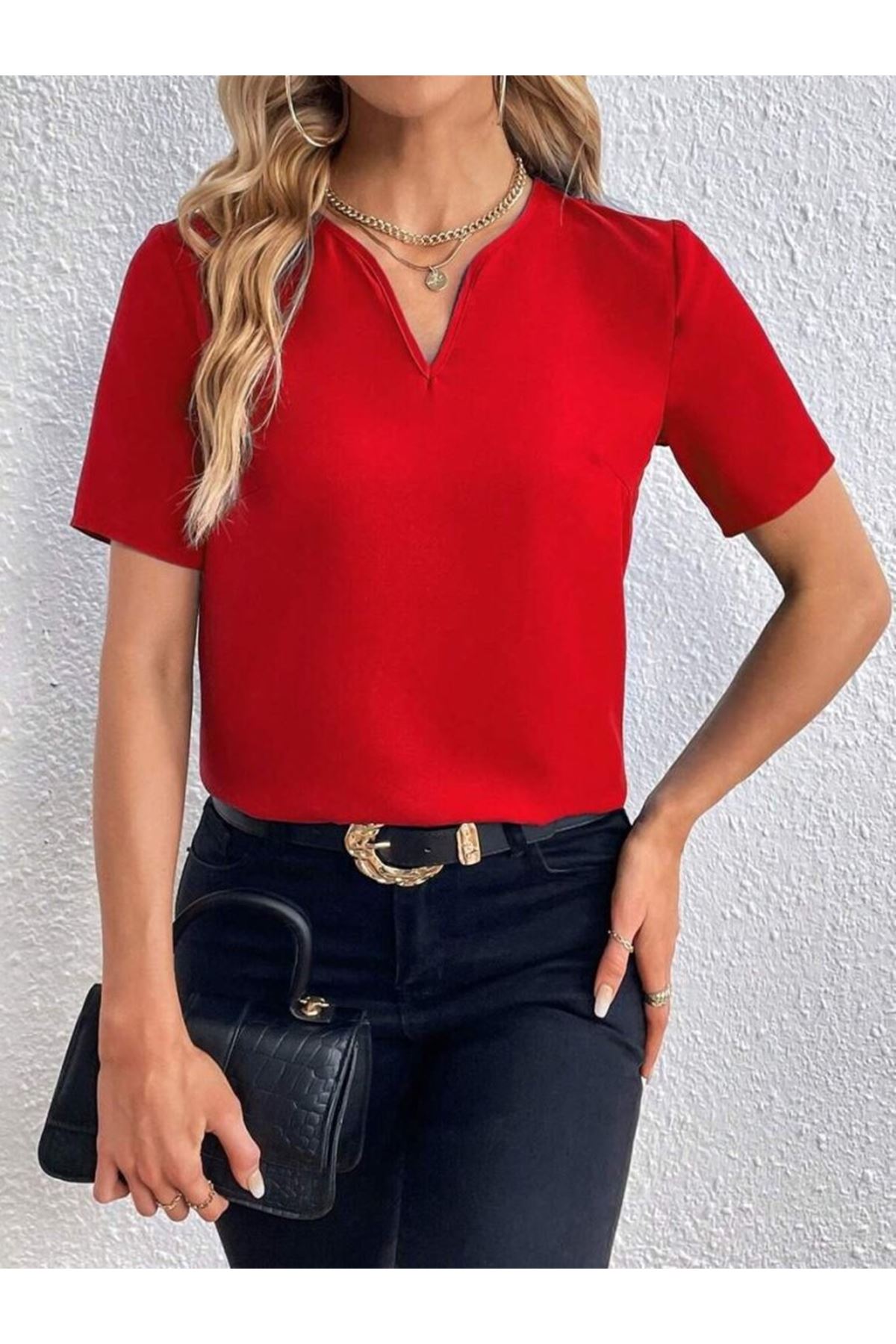 Kadın Kısa Kollu V Yakalı Ithal Krep Elbise