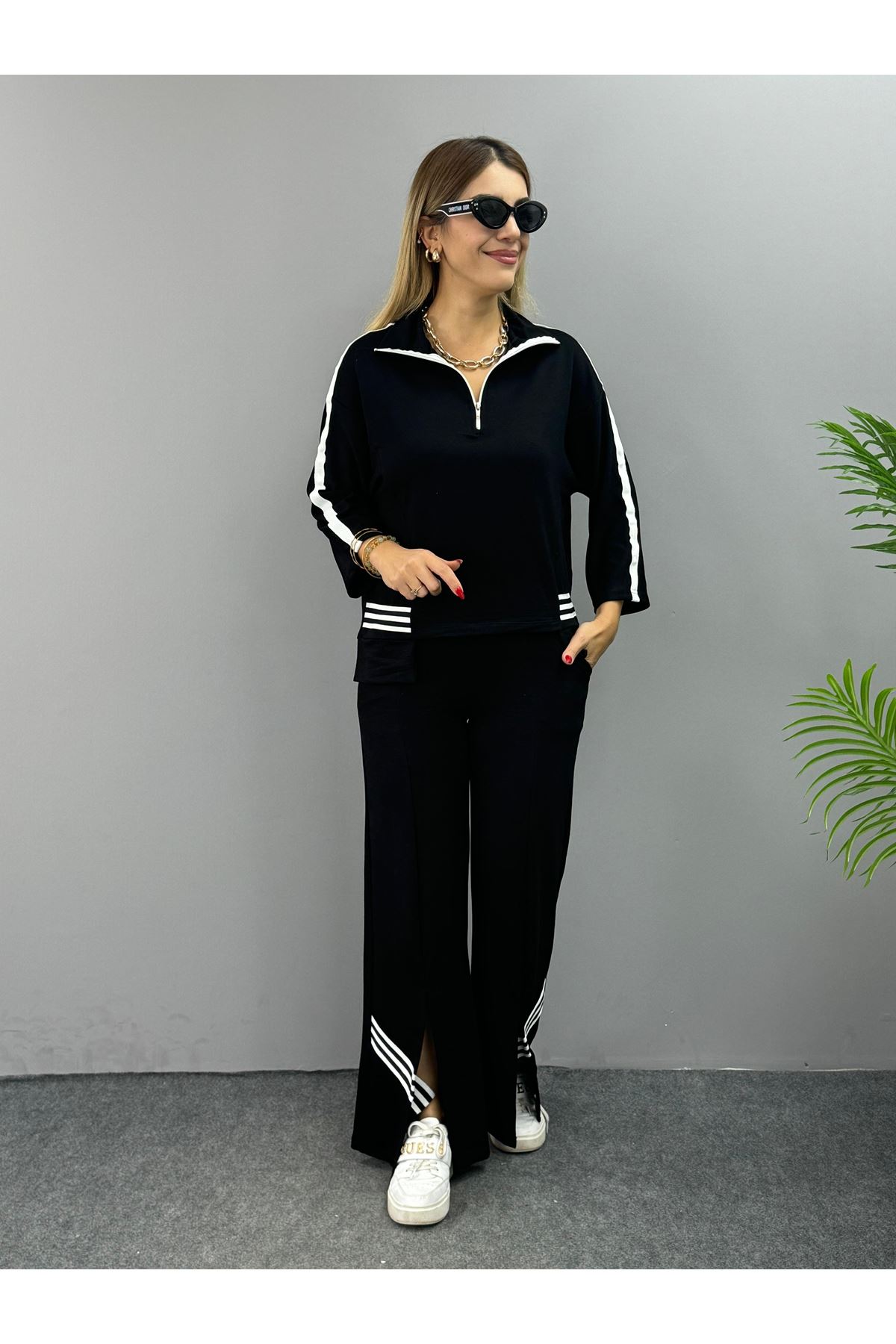 Kadın Polo Yaka Paça Yırtmaçlı Ribanalı İkili Takım