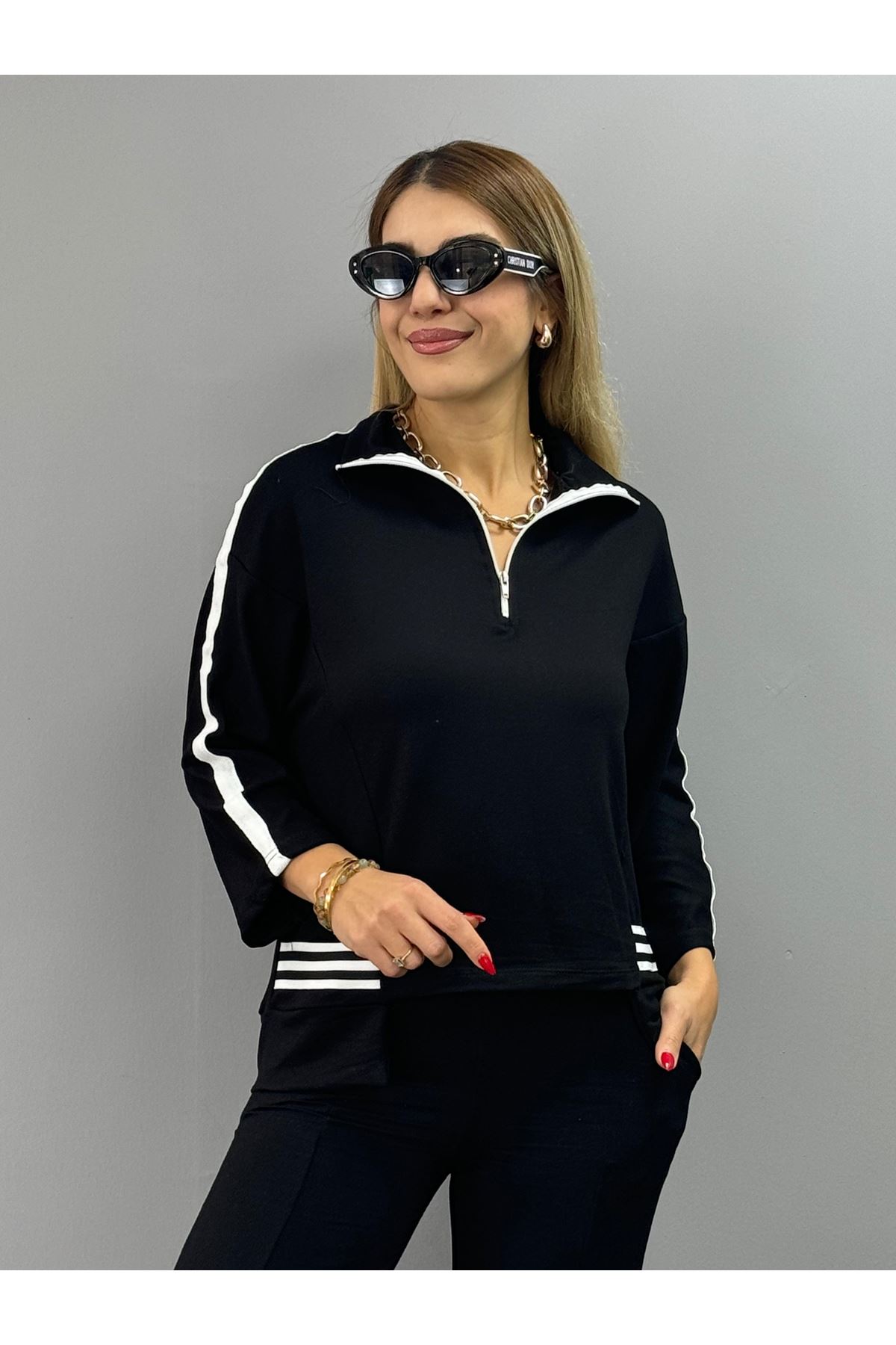 Kadın Polo Yaka Paça Yırtmaçlı Ribanalı İkili Takım