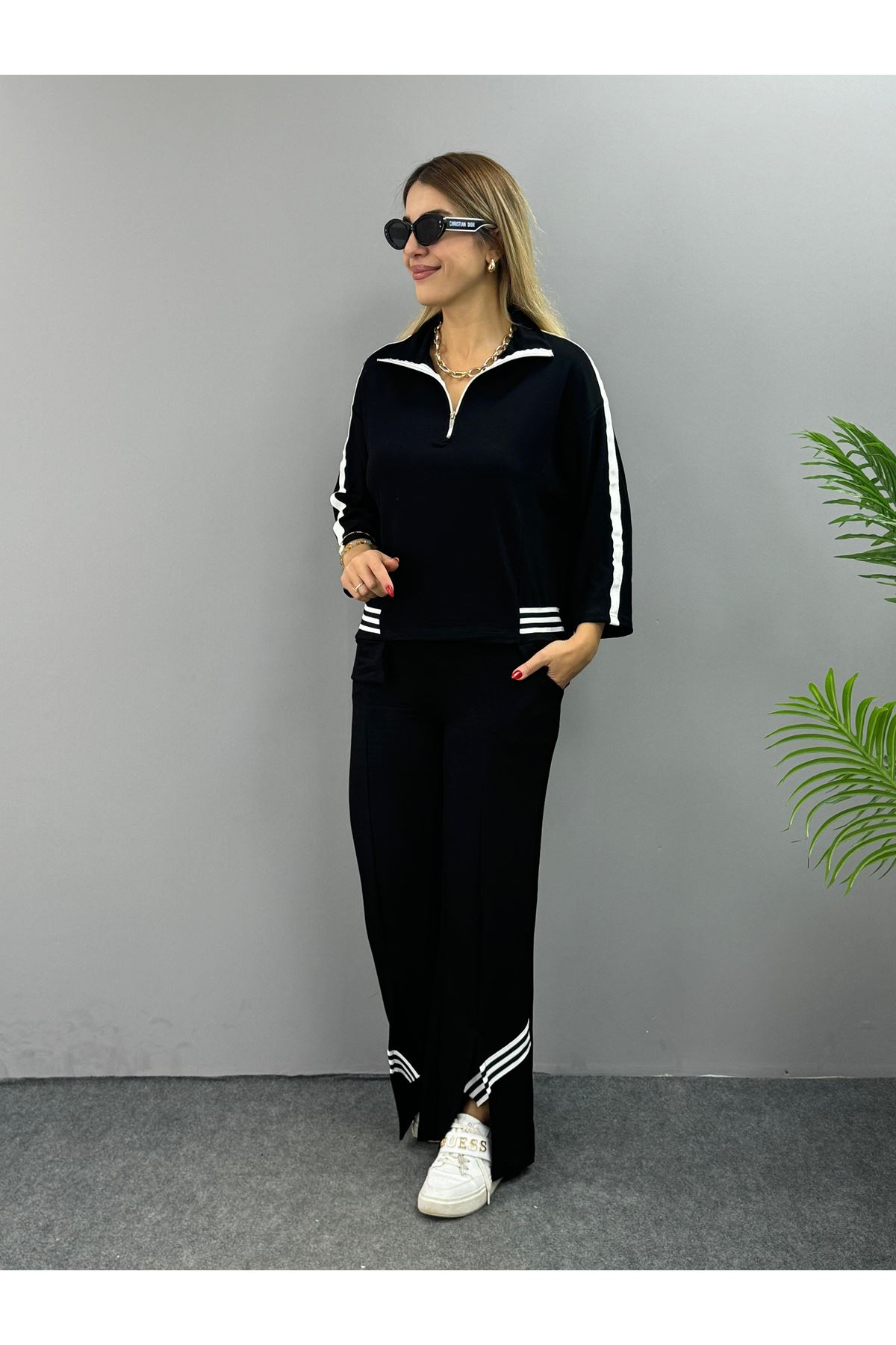 Kadın Polo Yaka Paça Yırtmaçlı Ribanalı İkili Takım