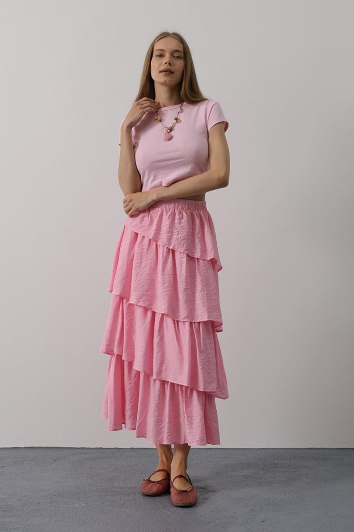 Katlı Kesim Uzun Etek - Pembe