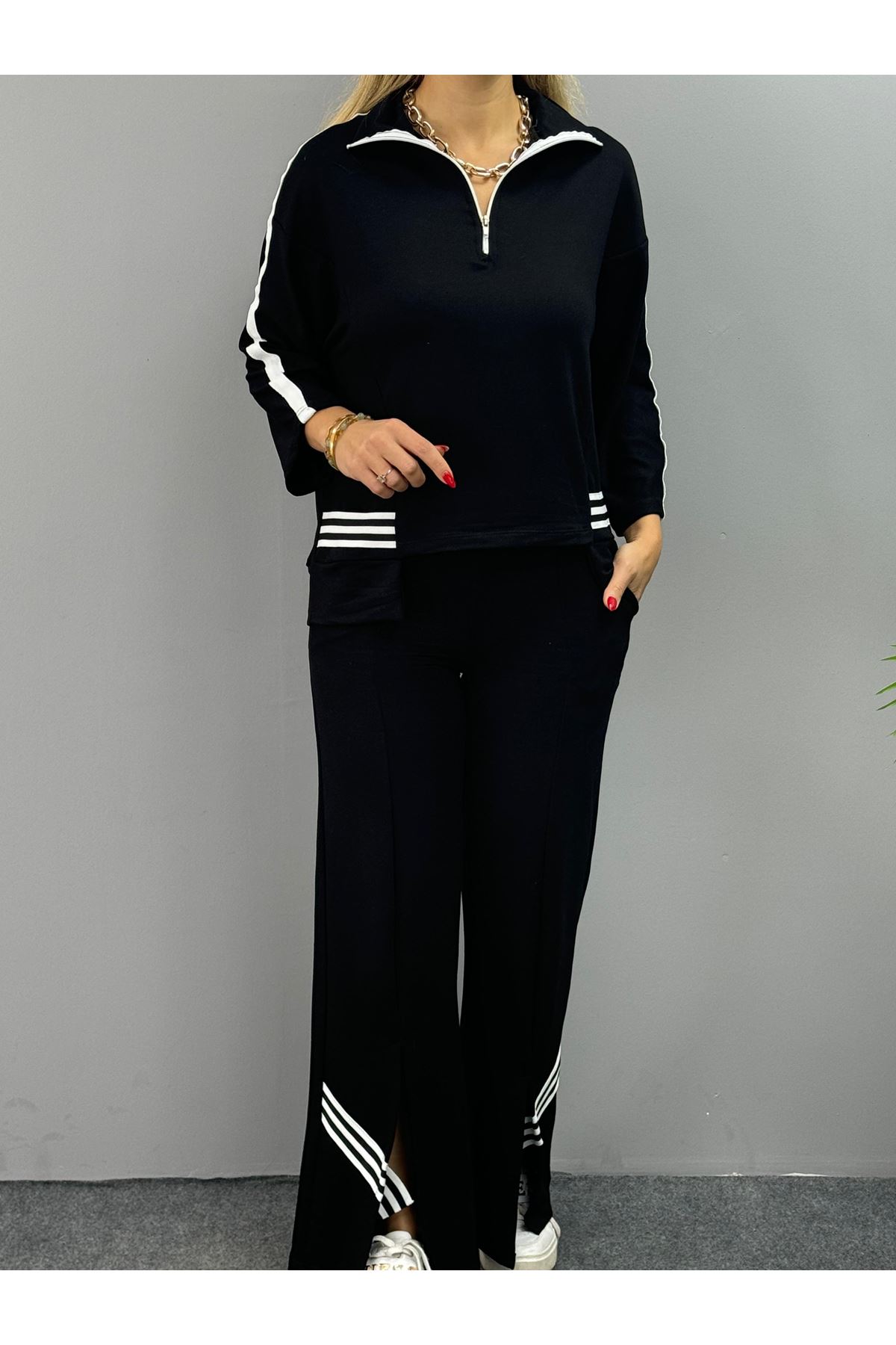 Kadın Polo Yaka Paça Yırtmaçlı Ribanalı İkili Takım