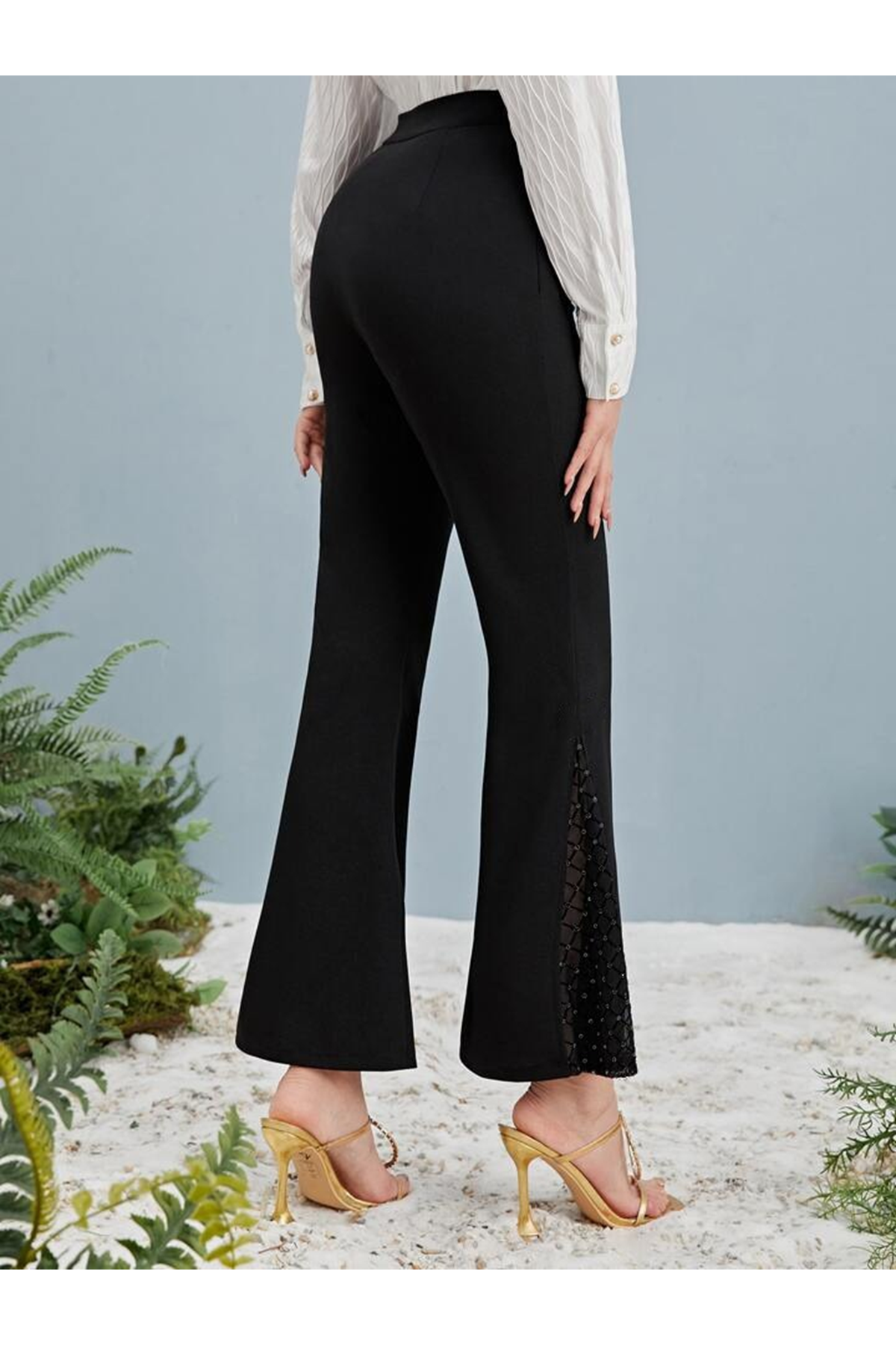 Kadın Yüksek Bel Yanları Tül Detaylı Dalgıç Tayt Pantolon