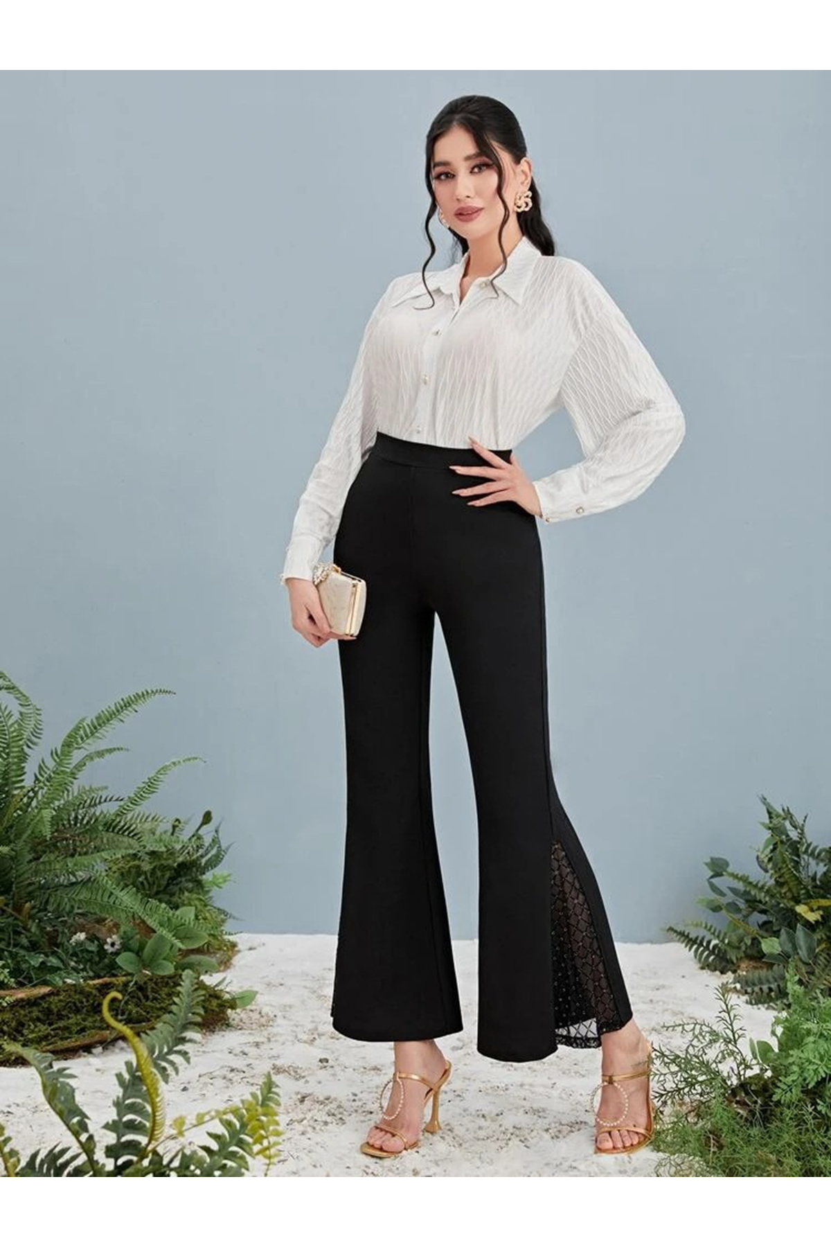 Kadın Yüksek Bel Yanları Tül Detaylı Dalgıç Tayt Pantolon