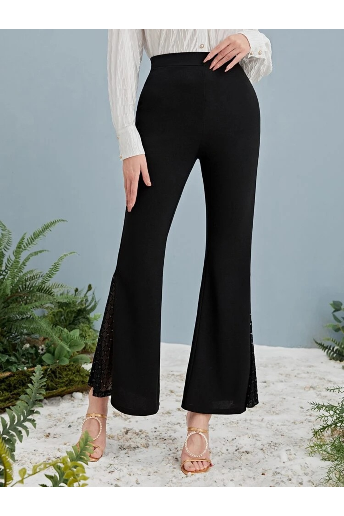 Kadın Yüksek Bel Yanları Tül Detaylı Dalgıç Tayt Pantolon