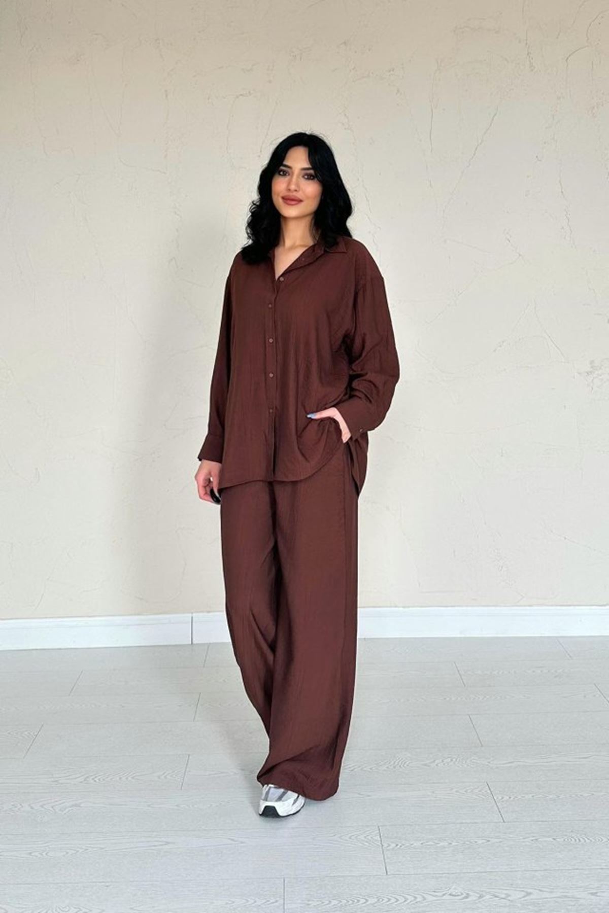 Kahverengi Alice Gömlek Ve Bol Kesim Pantolon Takım